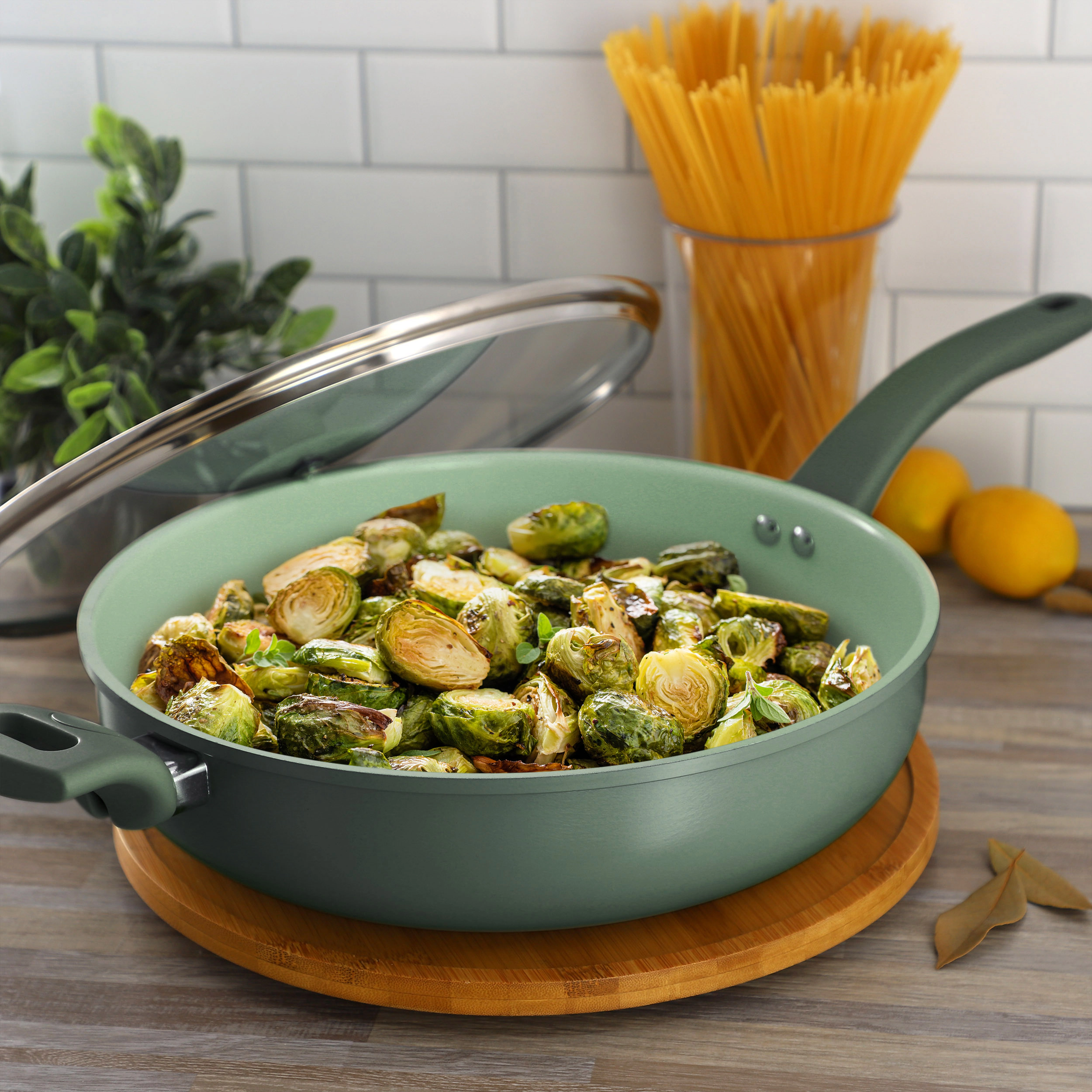 Oster Sutterville Choice 5 Quart Ceramic Nonstick Saute Pan with Lid in Evergreen