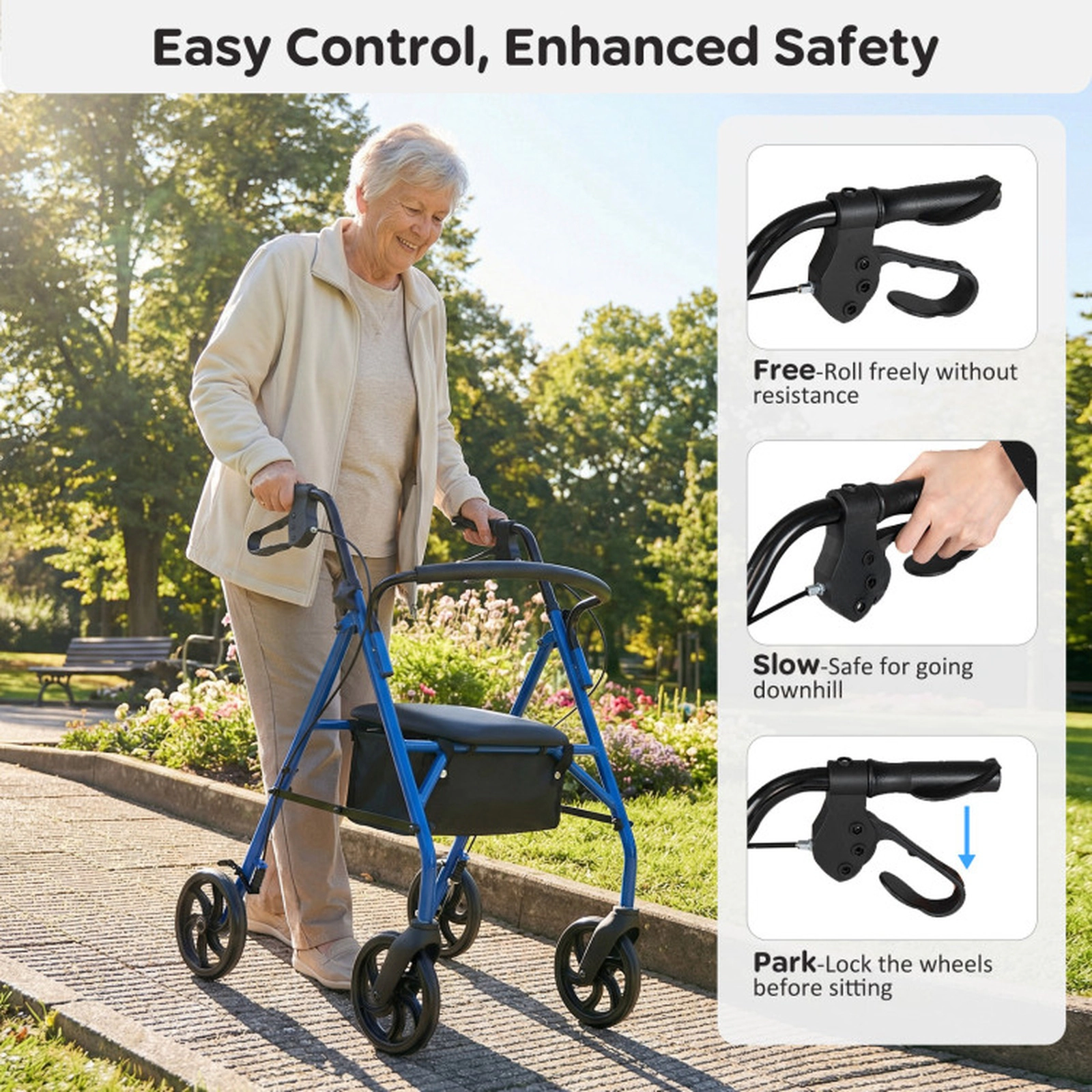 SUGIFT Blue Rollator Walker with Backrest and 7-Level Adjustable Handles 28-in W 23.5-in D 220-lb Seat Capacity