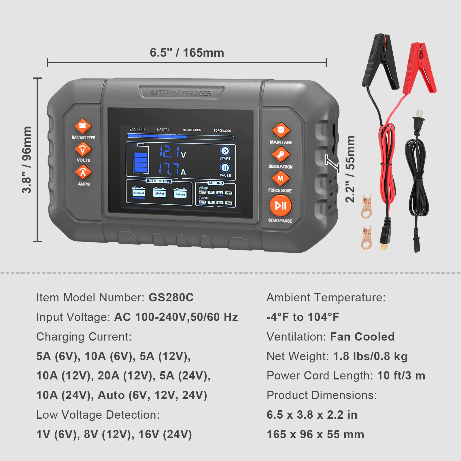 HONGGE Smart Battery Charger Lithium LiFePO4 Lead-Acid AGM / Gel / SLA Car Battery Charger with LCD Display Trickle