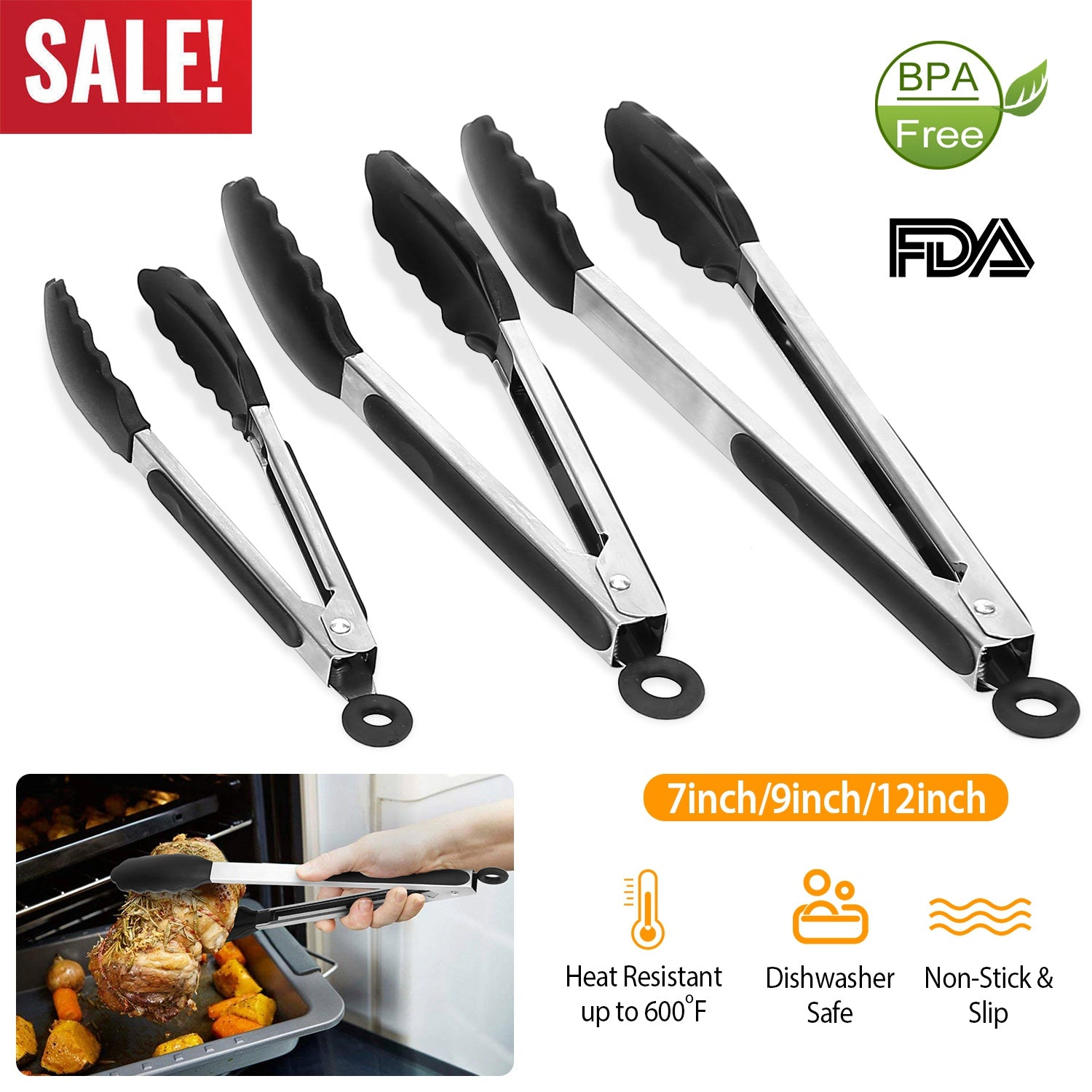 GBruno 3-Piece Stainless Steel Kitchen Tongs