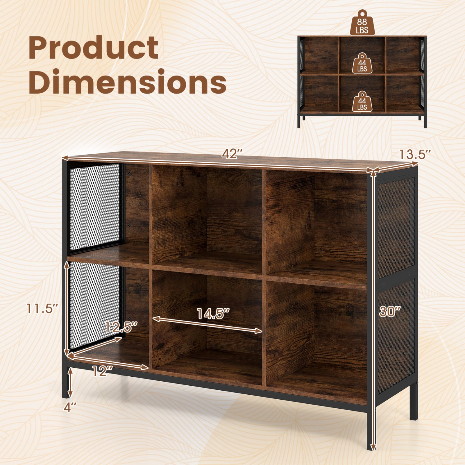 SUGIFT 6-Cube 42-in Wide Horizontal Bookshelf with Metal Frame and Accent Cubby Shelf for Living Room