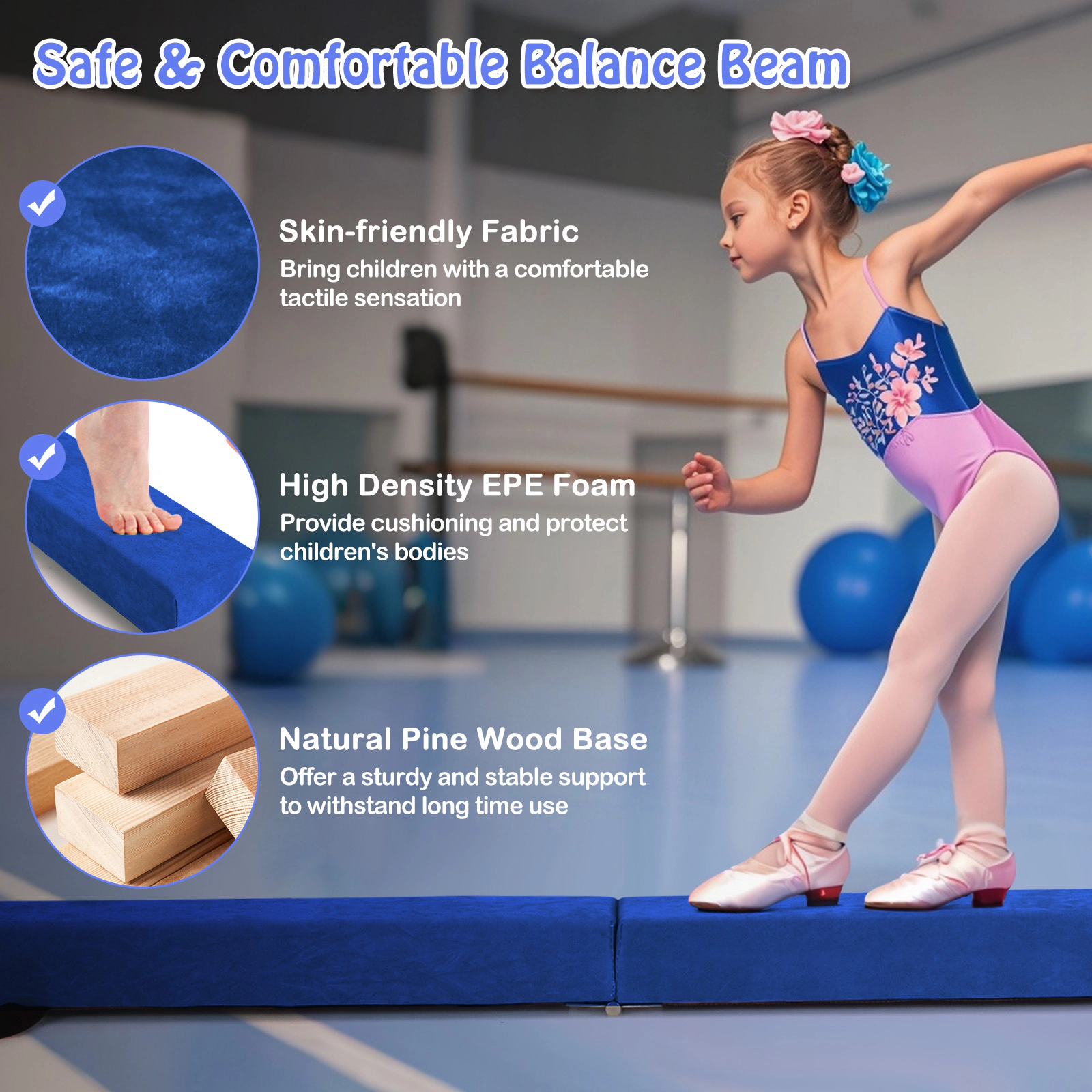 SUGIFT Blue 8-ft 160-lb Capacity Folding Gymnastics Balance Beam with Solid Wood Base and Two Carry Handles