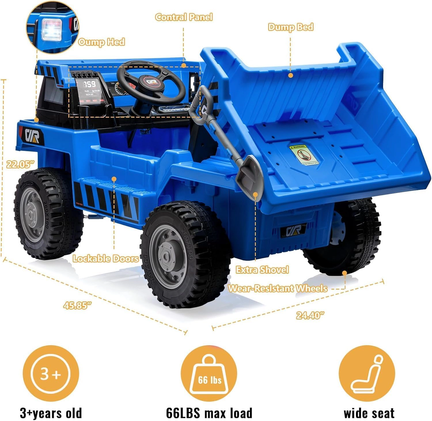 12V Kids Ride On Dump Truck, 4WD Electric Construction Vehicle w/Remote, Bed, Shovel, Music & Lights