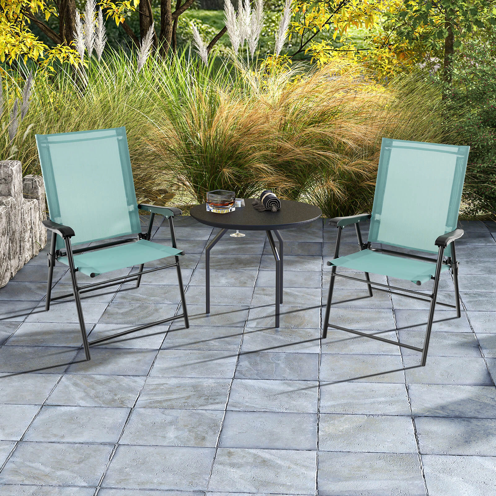 SUGIFT Set of 2 330-lb Capacity Light Green Folding Outdoor Dining Chairs with Armrests and Metal Frame