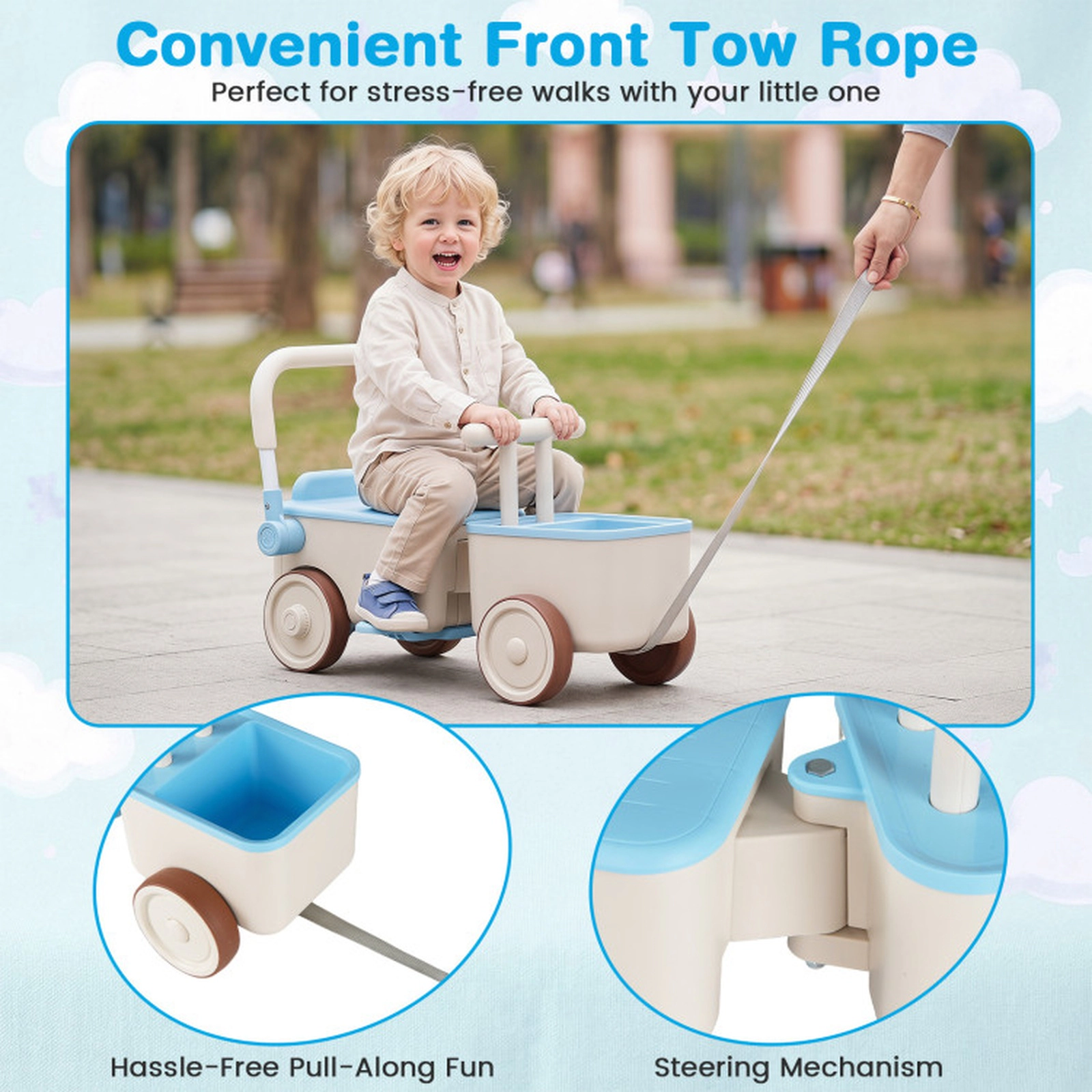 SUGIFT 3-in-1 Walking Sliding Kids Ride On Push Car with Rope and Storage Basket 44-lb Seat Capacity Ages 3-6 Blue