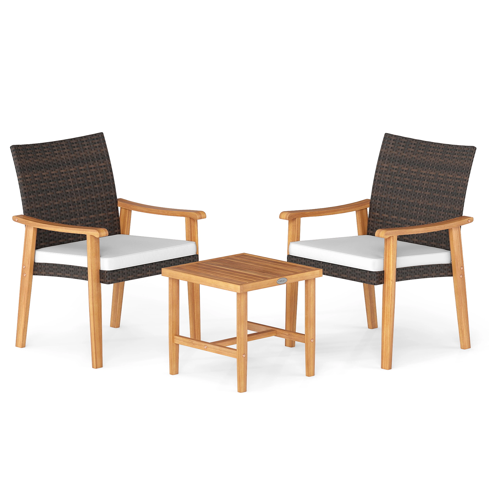 LJG 3 Pieces Patio PE Wicker Furniture Set Acacia Wood Outdoor Conversation Bistro Set
