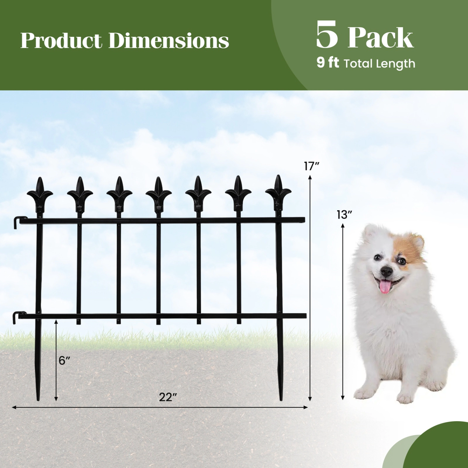 SUGIFT No-Dig Decorative Metal Garden Fence Panels 22 x 17 in Landscape Border 5-Pack/10-Pack Black