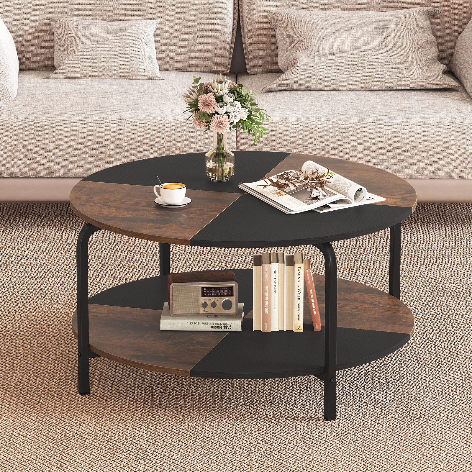 Glintex 2-Tier 31.5-Inch Round Coffee Table with Split-Color Top