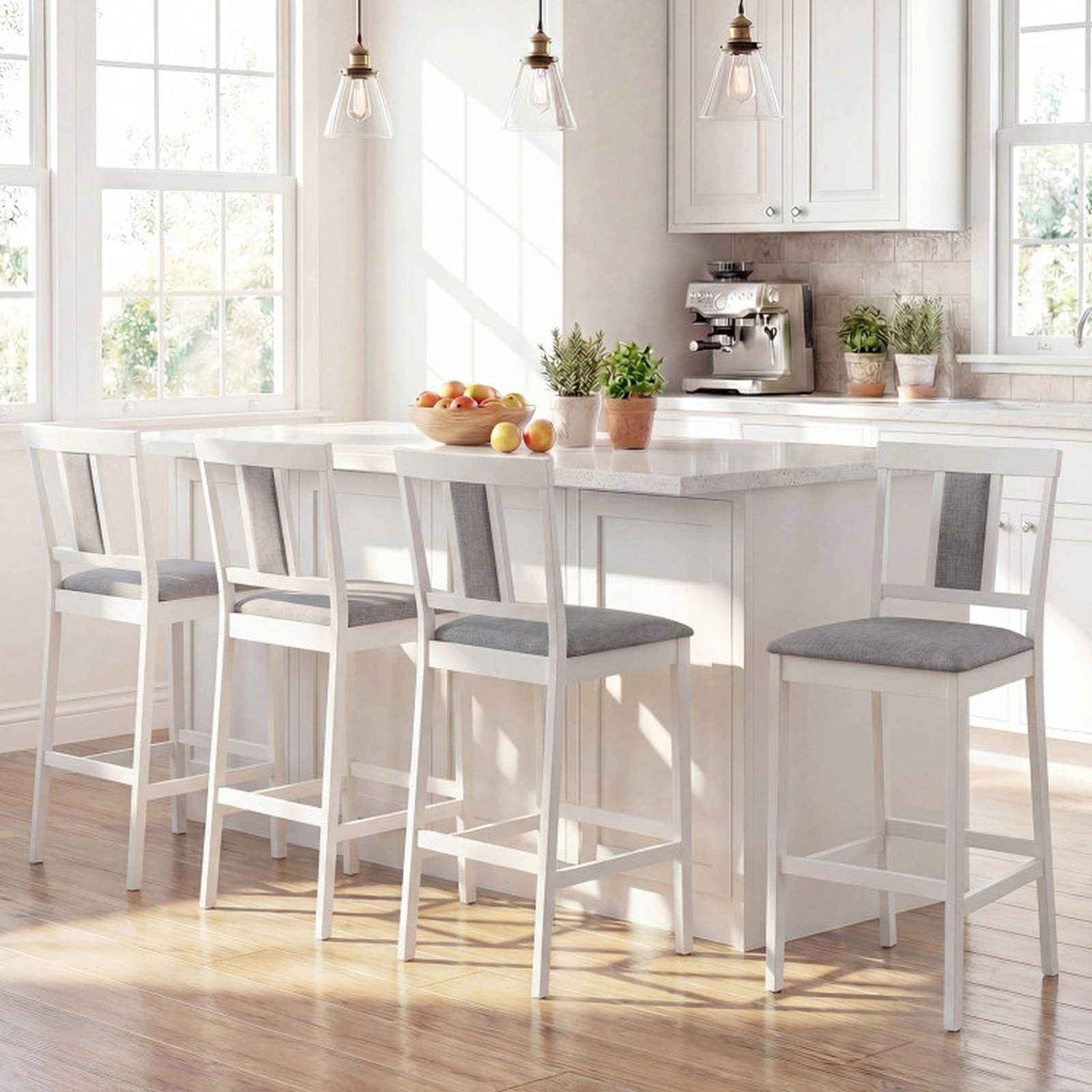 SUGIFT Set of 4 Upholstered Bar Stools 29.5-in Seat Height Bar Height with Solid Rubber Wood Frame 300-lb Capacity White