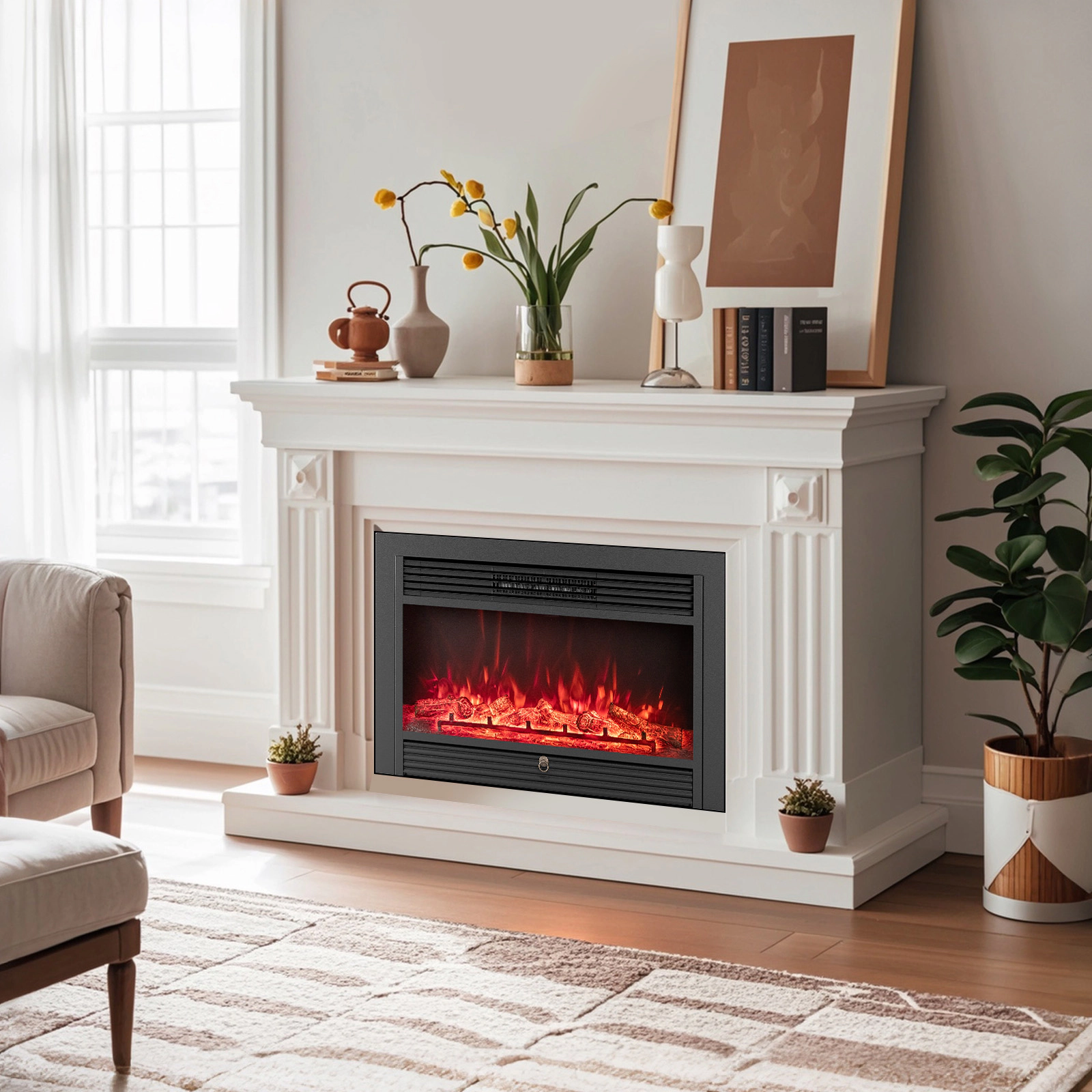 SUGIFT 33-in Electric Fireplace Insert 750W/1500W Recessed Heater 5000 BTU Adjustable Thermostat Black