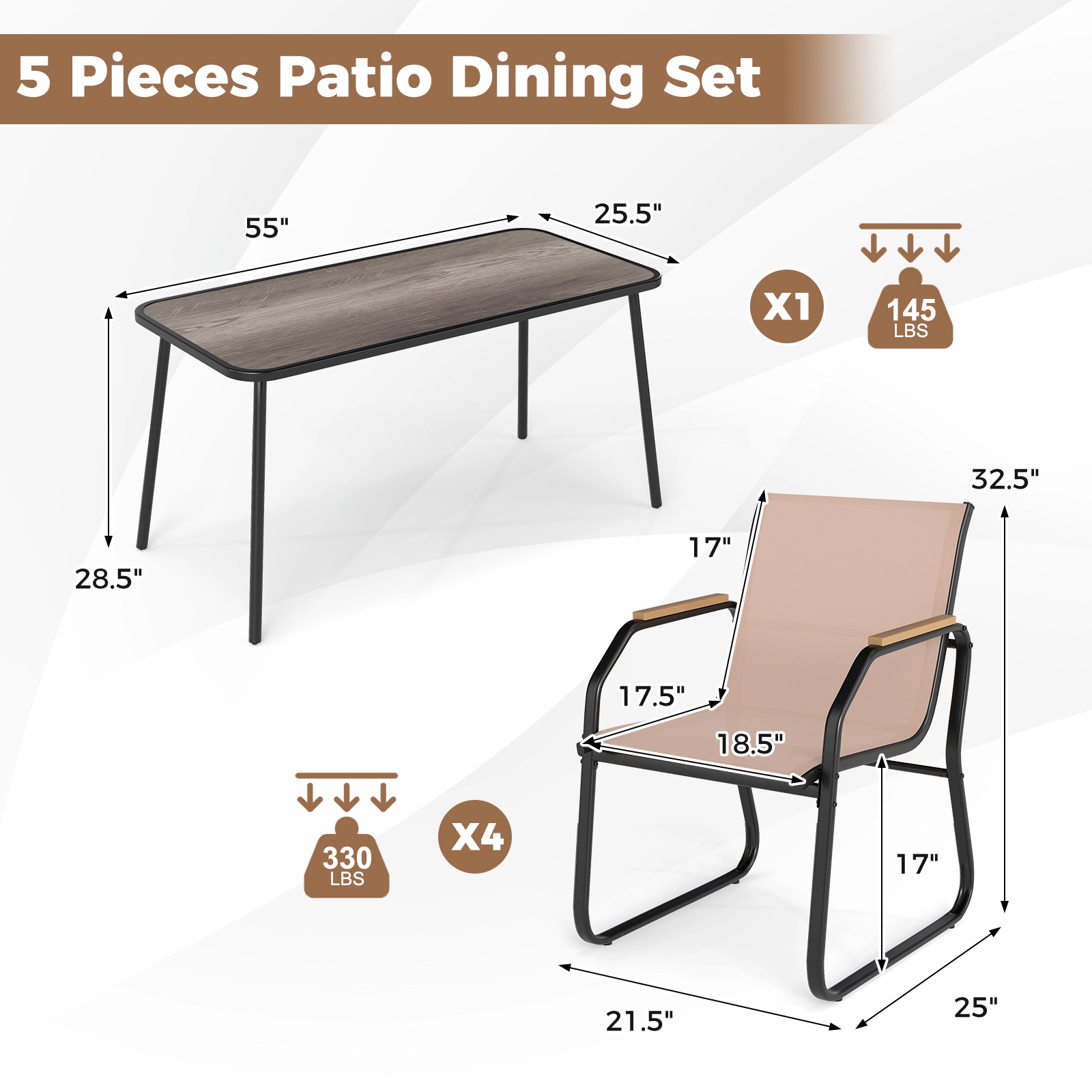 LJG 5 Pieces Patio Dining Set with Rectangular Table and Fabric Chairs