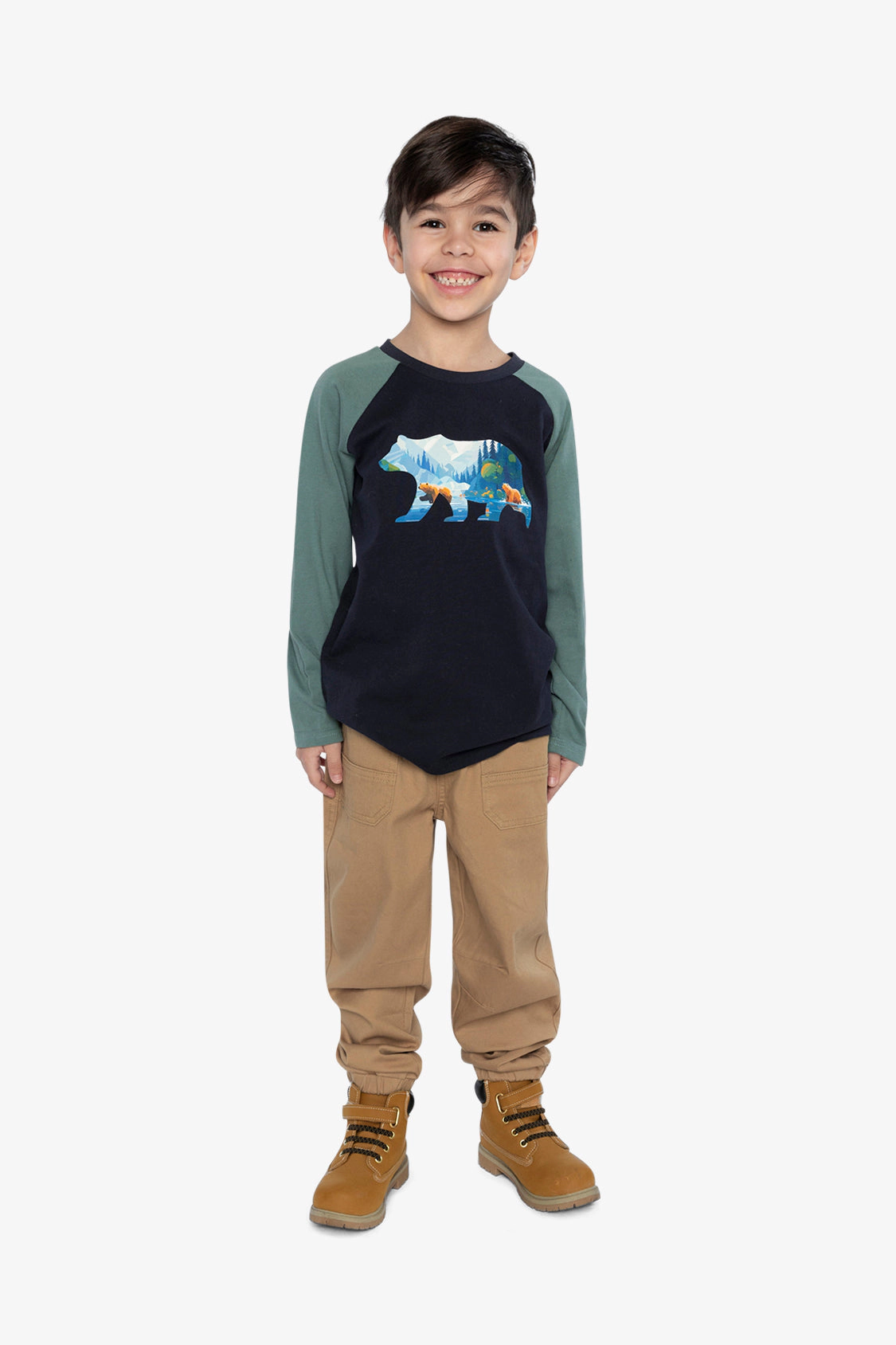 Deux par Deux Boys Raglan T-Shirt with Bear Graphic