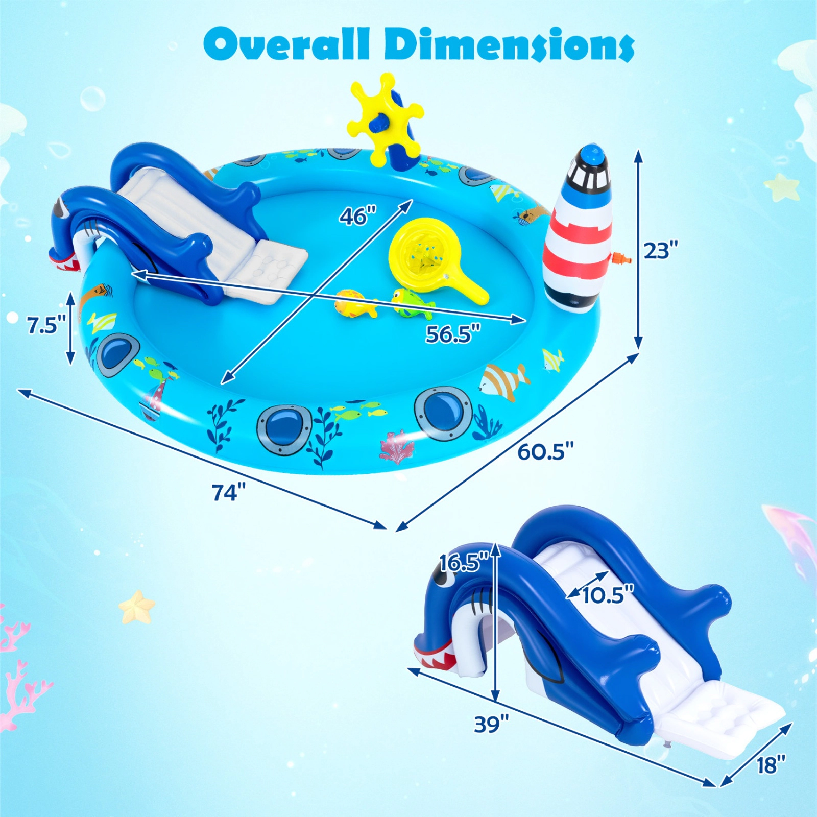 SUGIFT Shark Slide Lighthouse Sprinkler and Fishing Game Kids Inflatable Marine Spray Pool Play Center