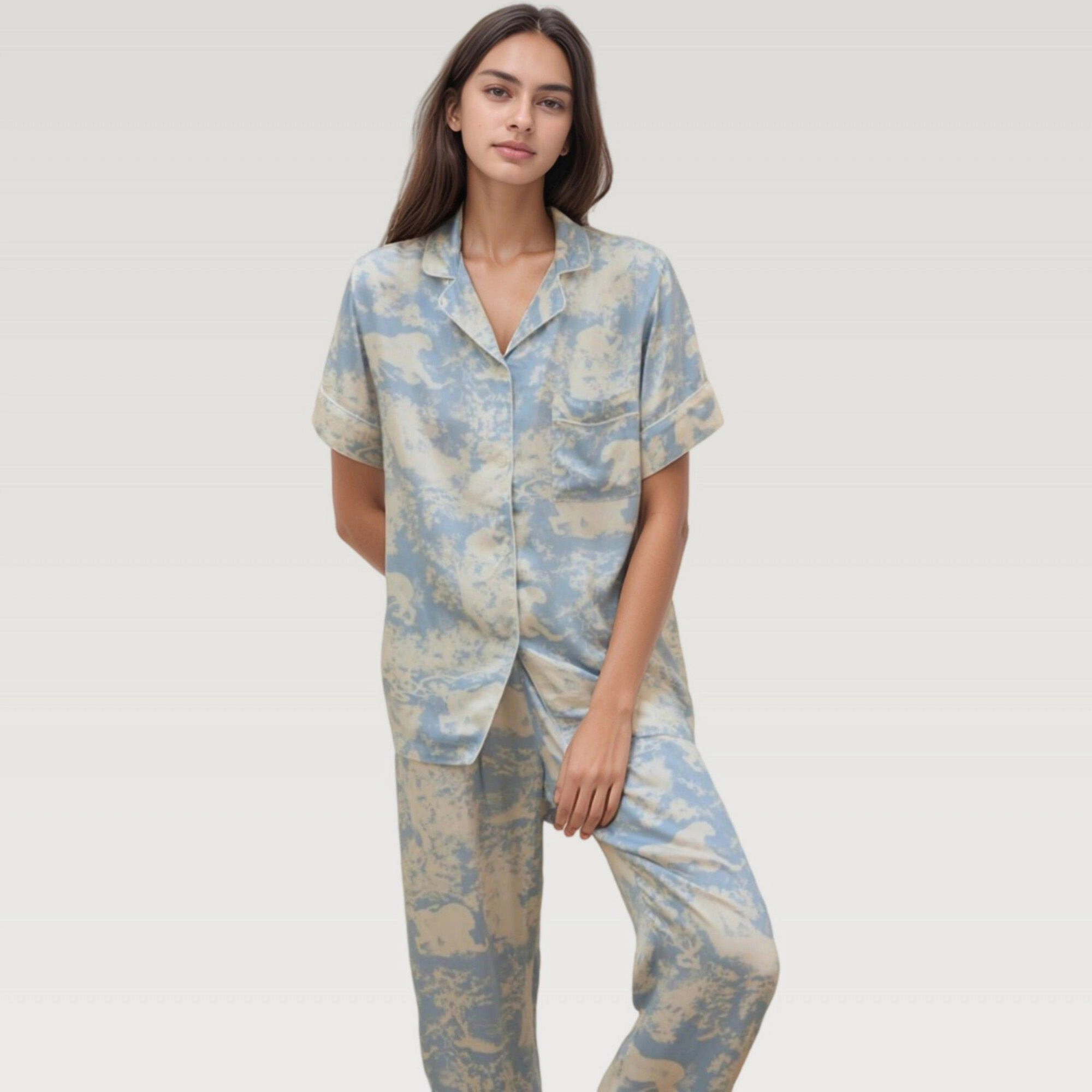 Anna-Kaci Women's Satin Pajama Set with Short Sleeve Button Up Top and Abstract Animal Print Relaxed Pants