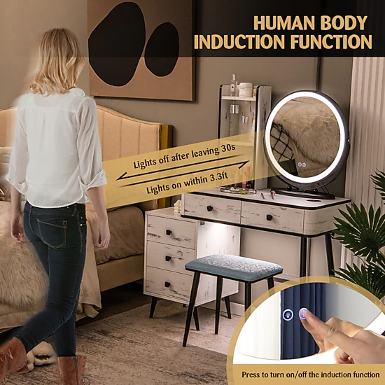 SUGIFT White Vanity Table Set with 3-Color Lighted Mirror, Wireless Charging and 3-Drawer Chest