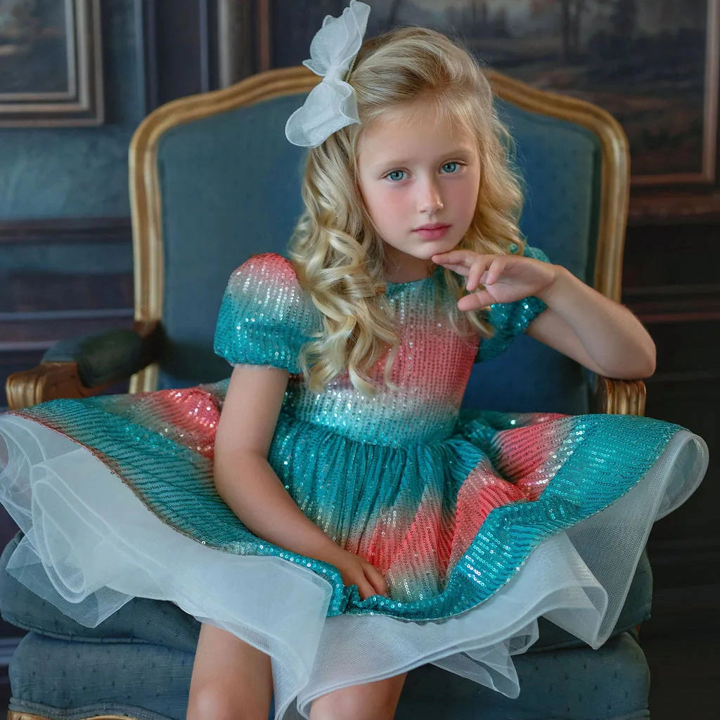 Faeella Girls Aqua Sunset Sparkle Sequin Birthday Dress