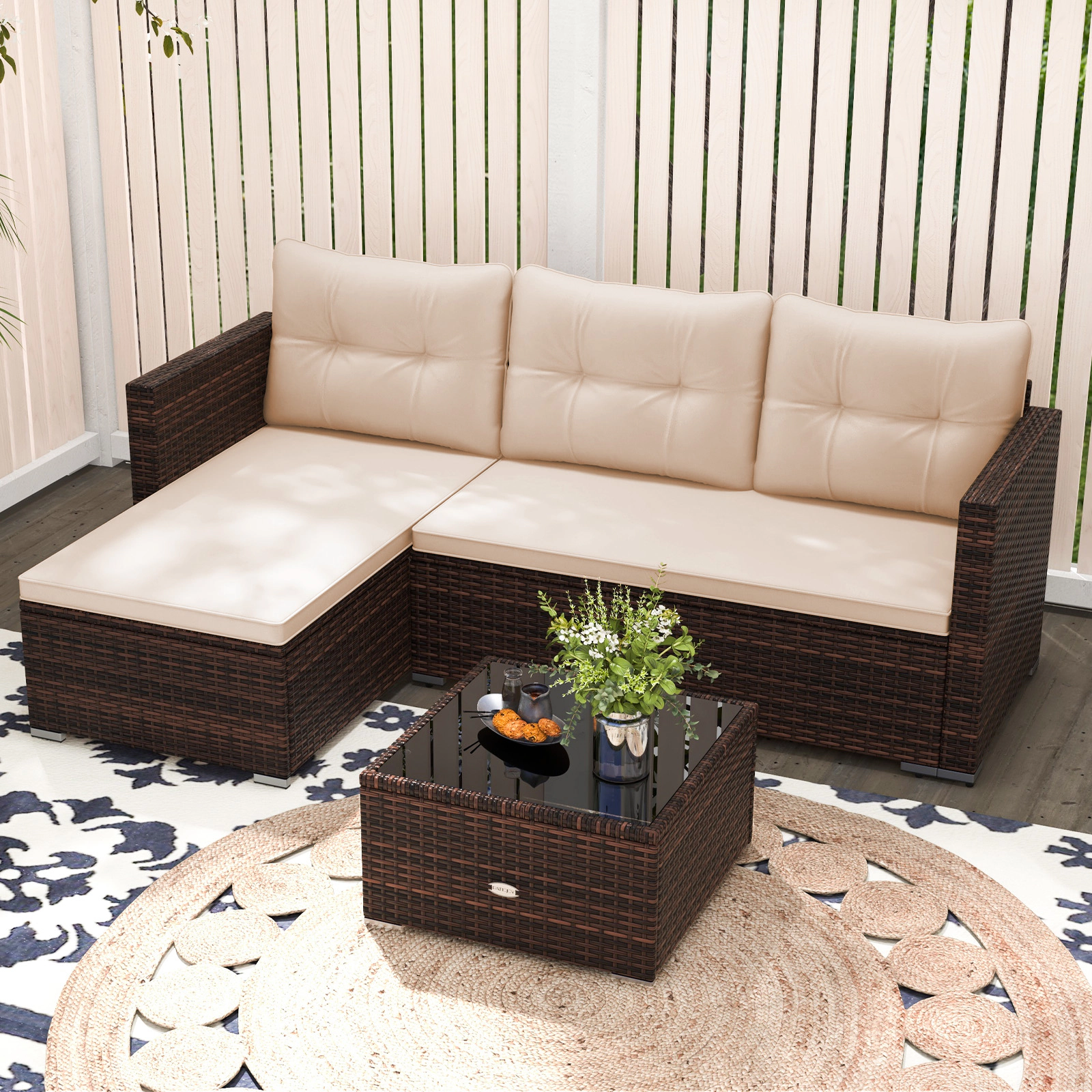 LJG 4 Seats Outdoor Wicker Furniture Set with Tempered Glass Coffee Table and Soft Cushions
