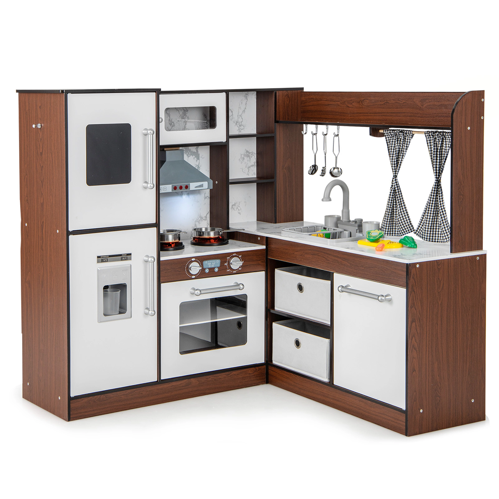 LJG Kids Wooden Corner Play Kitchen with Water Circulation System and Lights