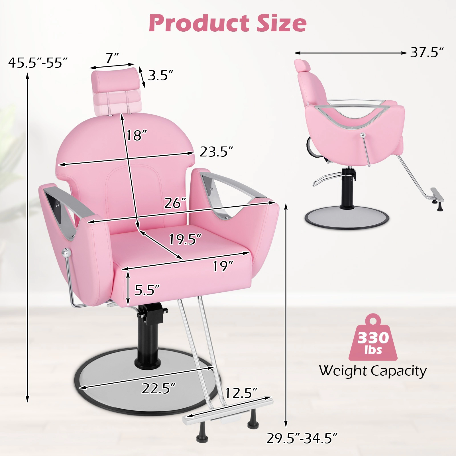 SUGIFT Pink Reclining Salon Chair with Detachable Headrest and Armrests 26-in W 37.5-in D 330-lb Chair Capacity