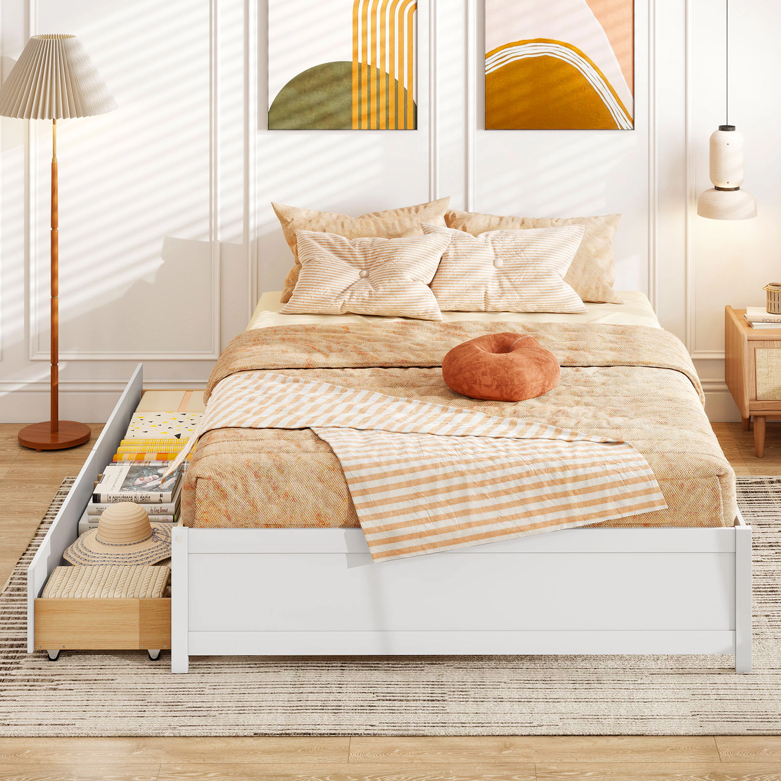 SUGIFT Queen Size Bed Frame with 2 Rolling Storage Drawers 300-lb Capacity White