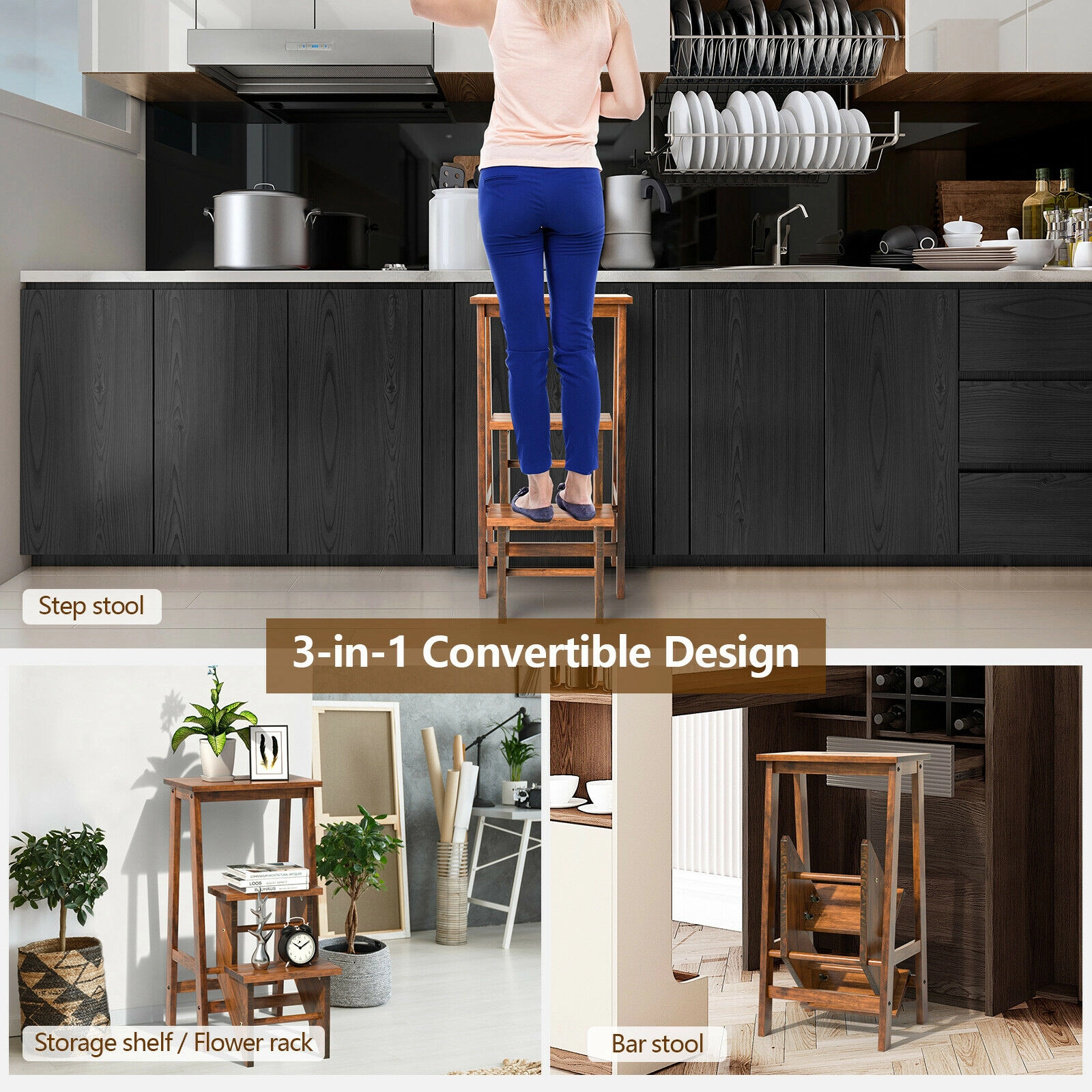 SUGIFT 3-in-1 Convertible 3-Tier Rubber Wood Folding Step Stool Ladder 22.5-in x 16-in x 30-in 200-lb Capacity Coffee