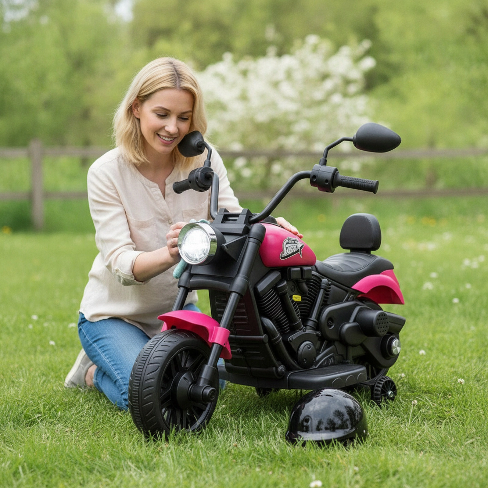 6V Kids Motorcycle Trike Swiveling Front Detachable Training Wheels Backrest Seat and Bright Headlight 18 Months+ Pink