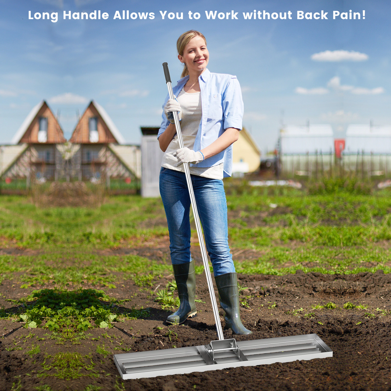 SUGIFT 42 x 10 in Lawn Leveling Rake Silver with 67 in Ergonomic Handle