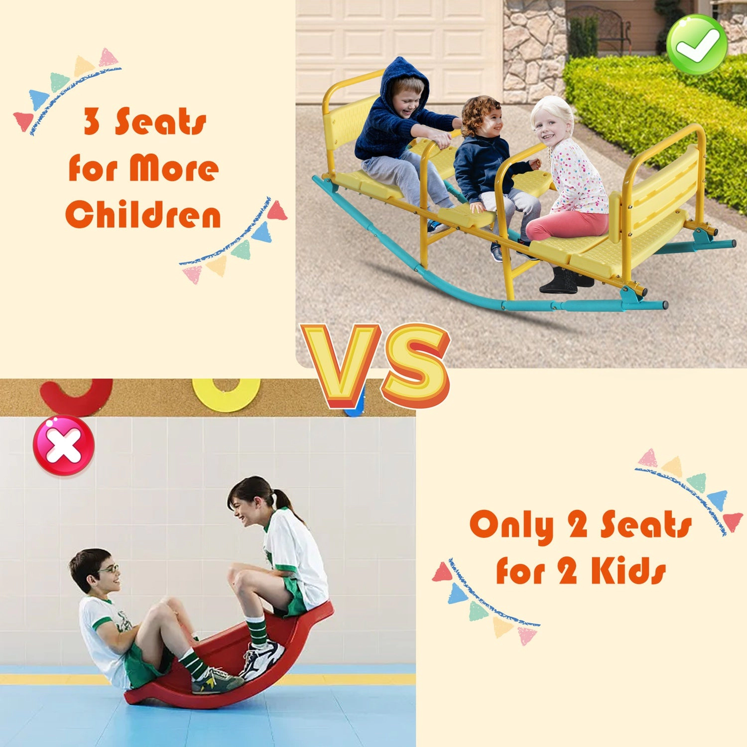 GBruno 3-Seat Kids Rocking Seesaw With Safety Handles