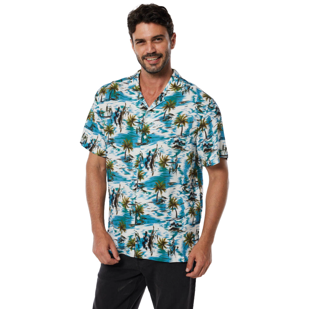 Mio Marino Men's Tropical Print Button-Down Hawaiian Camp Shirt
