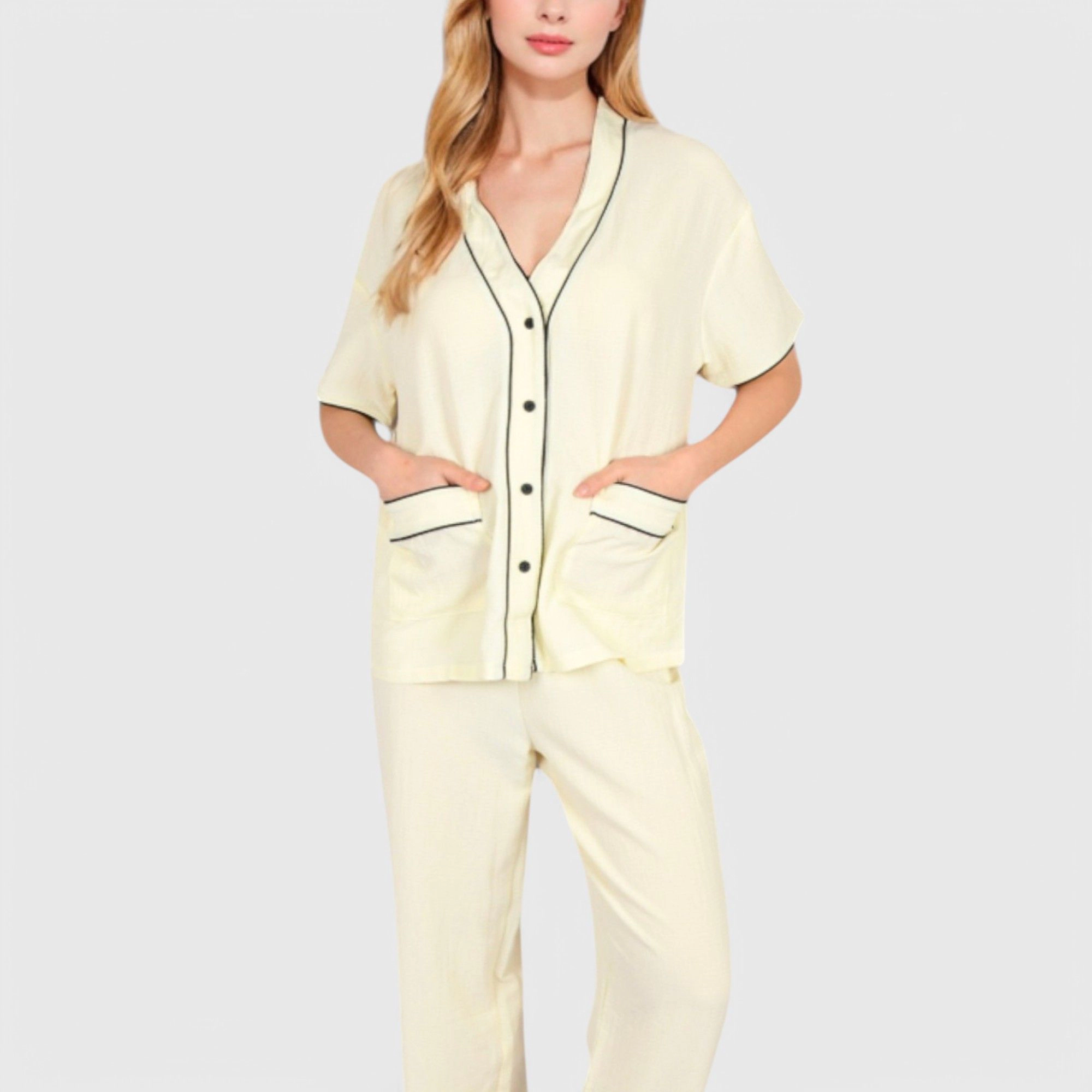 Anna-Kaci Women's Short Sleeve Button Up Pajama Set with Contrast Piping Front Pockets
