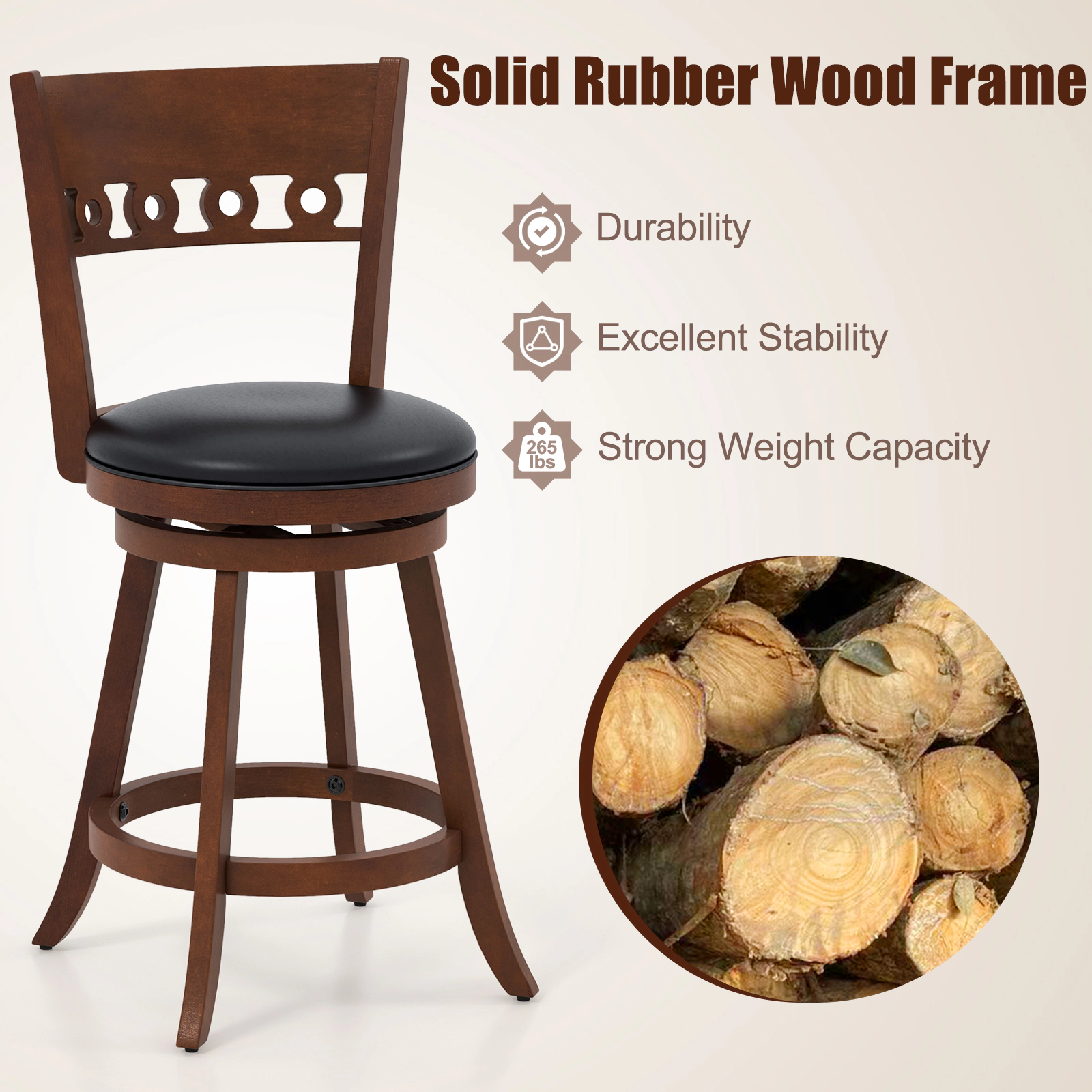 SUGIFT Set of 2 Swivel Rubber Wood Bar Stools 265-Lb Capacity 24.5-in Seat Height Brown & Black