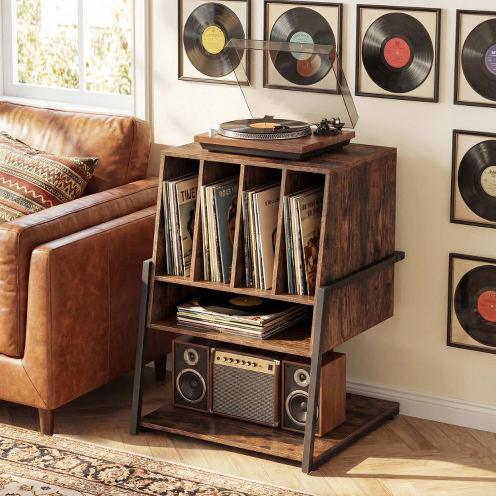 SUGIFT Rustic Brown Rolling Turntable Stand with Vinyl Storage, Power Outlets and USB Charging