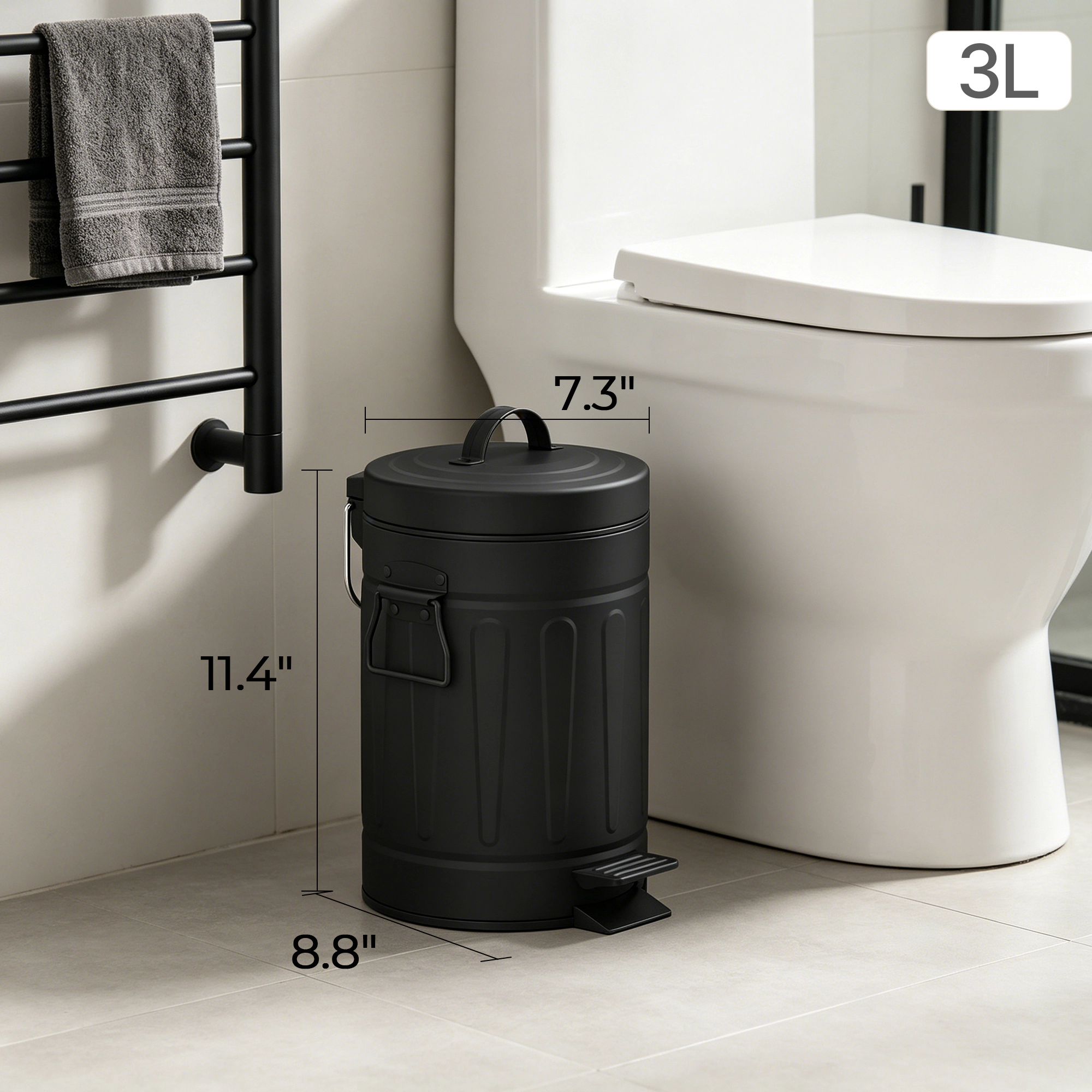 Innovaze 3.2 Gal./12 Liter and 0.8 Gal./3 Liter Old Time Style Round Black Color Metal Step-on Trash Can Set