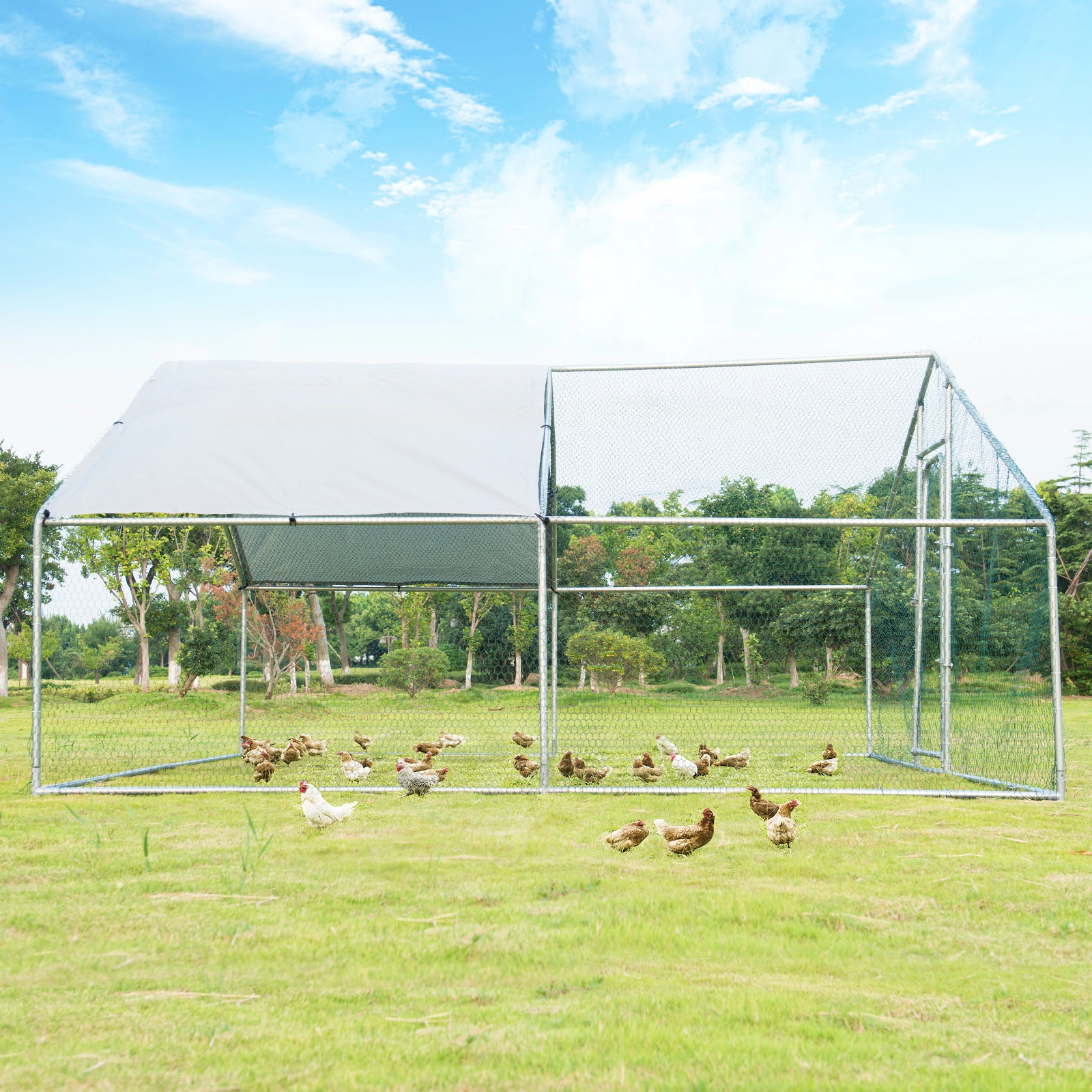 SUGIFT 13-ft x 13-ft Silver Walk-in Chicken Coop with Waterproof Cover Steel Frame and Lockable Latch