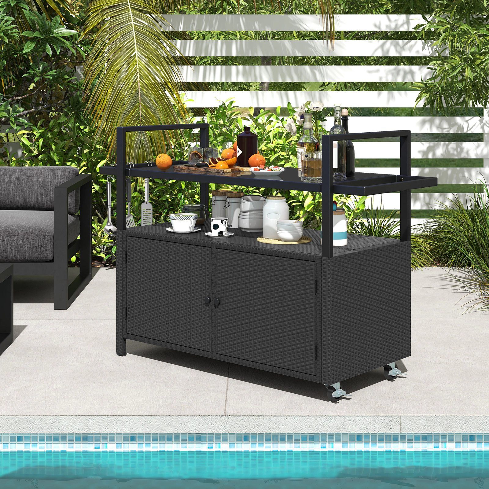 SUGIFT Outdoor Wicker Buffet Serving Bar Cart 2-Door Cabinet 8 Hooks 100-lb Capacity 51 x 19.5 x 35.5-in Black