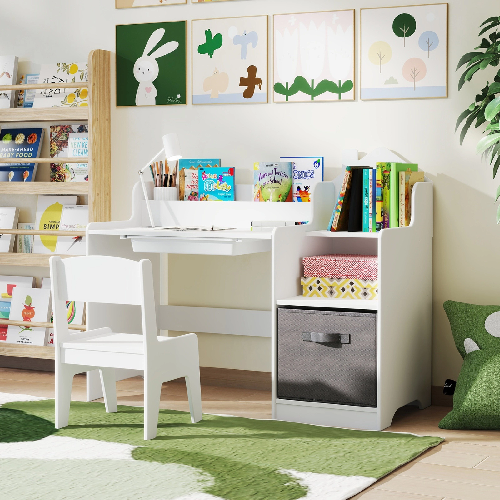 SUGIFT White Kids Desk and Chair Set, 37-Inch Study Desk with Shelves, Drawers and Fabric Bin
