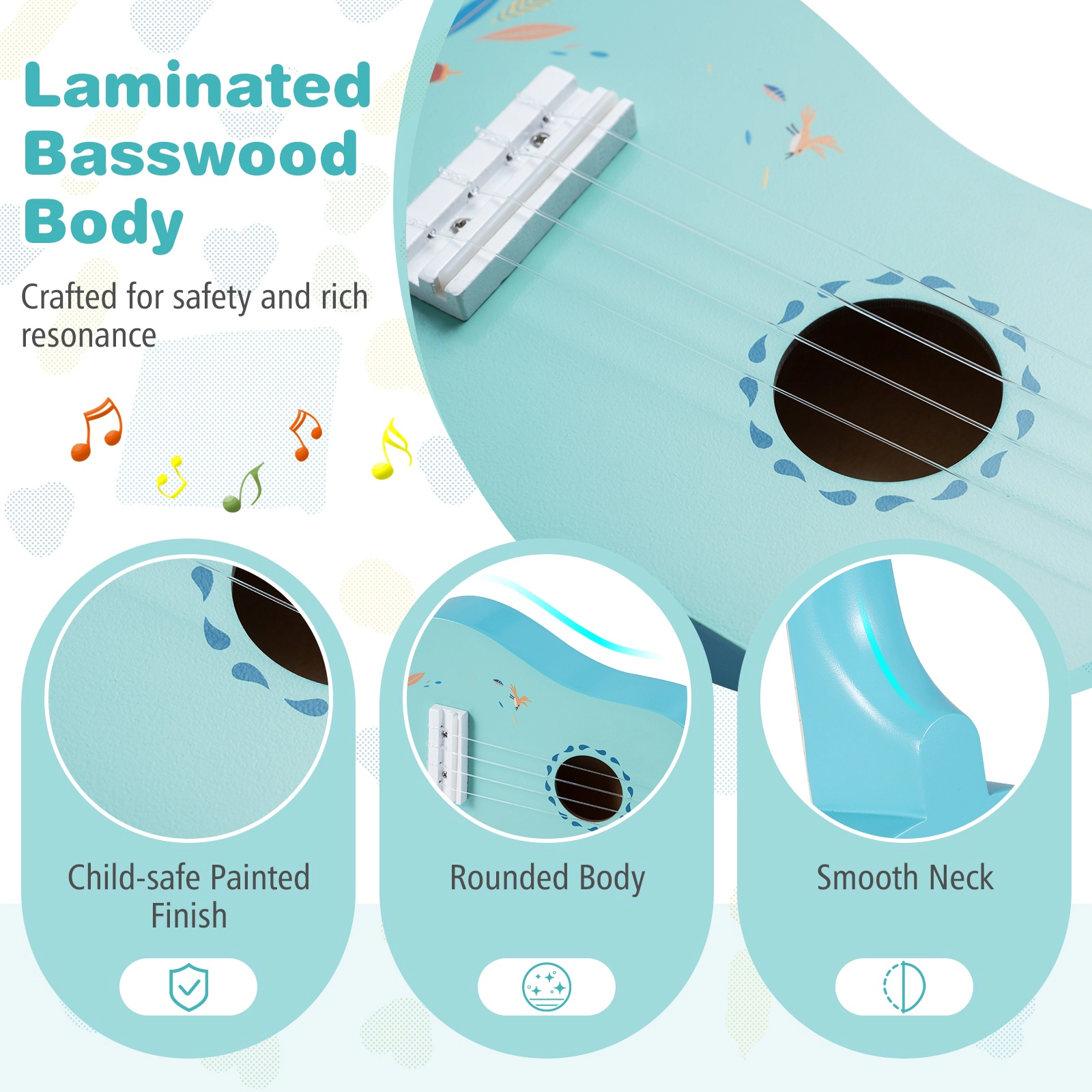 SUGIFT Kids 21-in Ukulele Guitar Basswood Body Okoume Neck 4 Nylon Strings 1-lb Lightweight Ages 3+ Light Blue