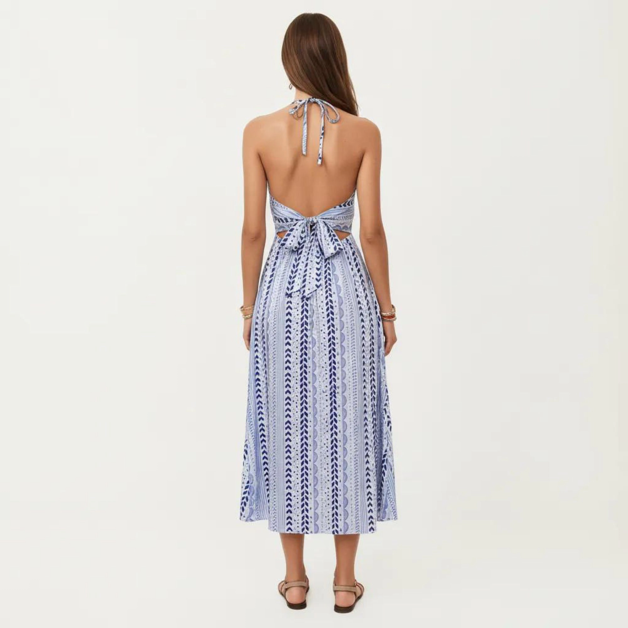 Anna-Kaci Women's Halter Neck V Smocked Bodice Flowing A Line Skirt Midi Dress