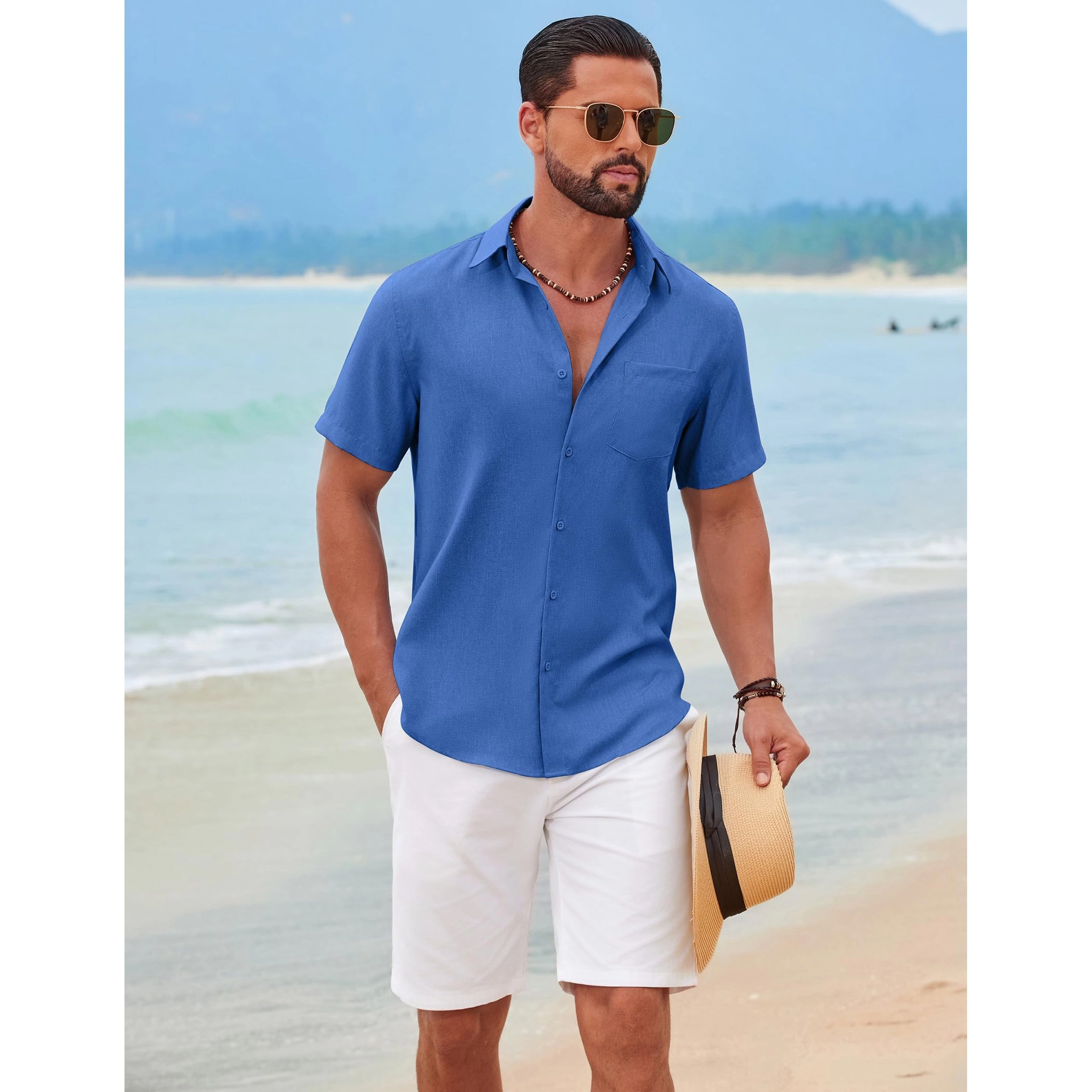 COOFANDY Mens Short Sleeve Button Down Shirt  Lapel Collar Pocket Casual Tops