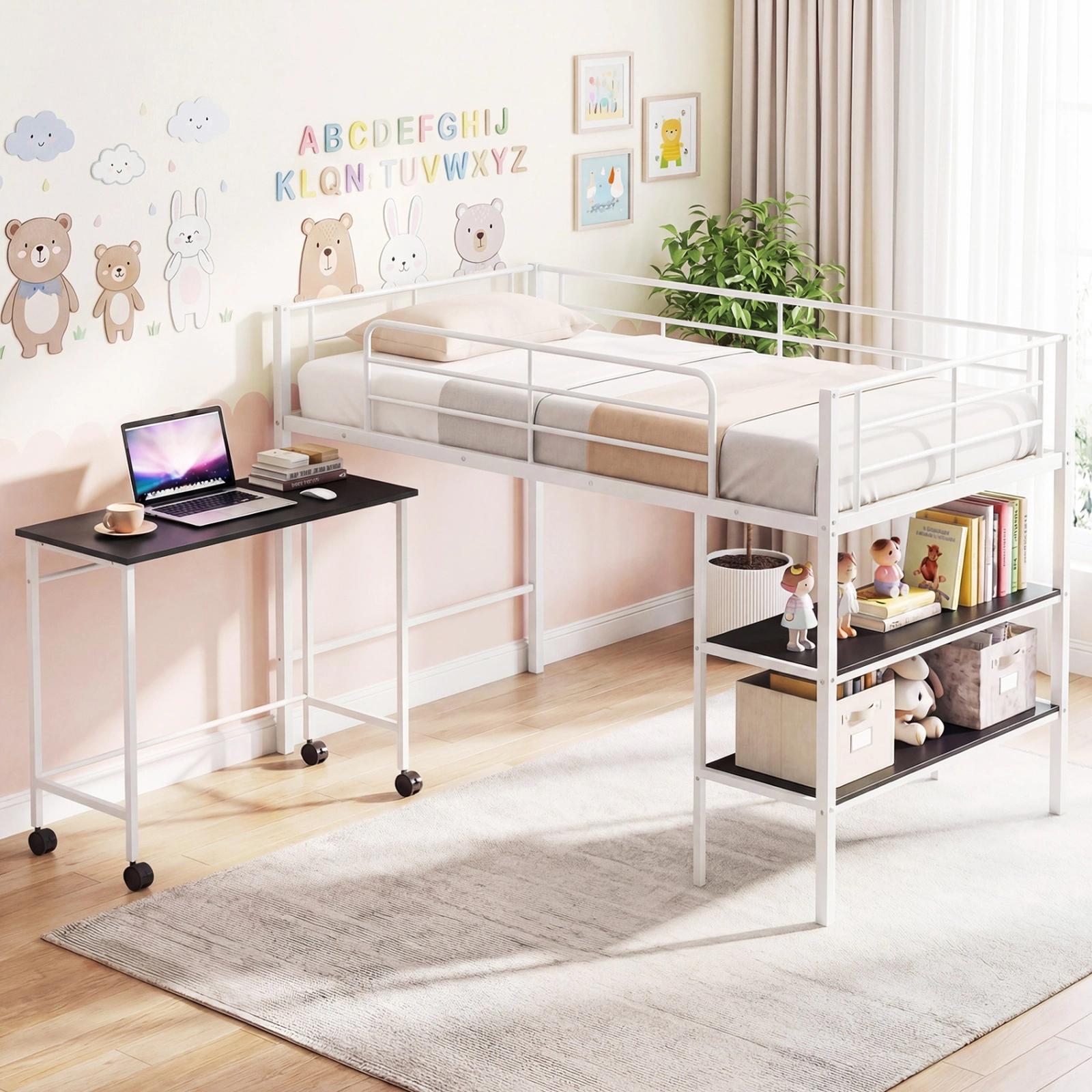 SUGIFT Twin Loft Bed with Rolling Desk and Bookshelf Platform Frame 250-lb Capacity Twin Mattress Black/White