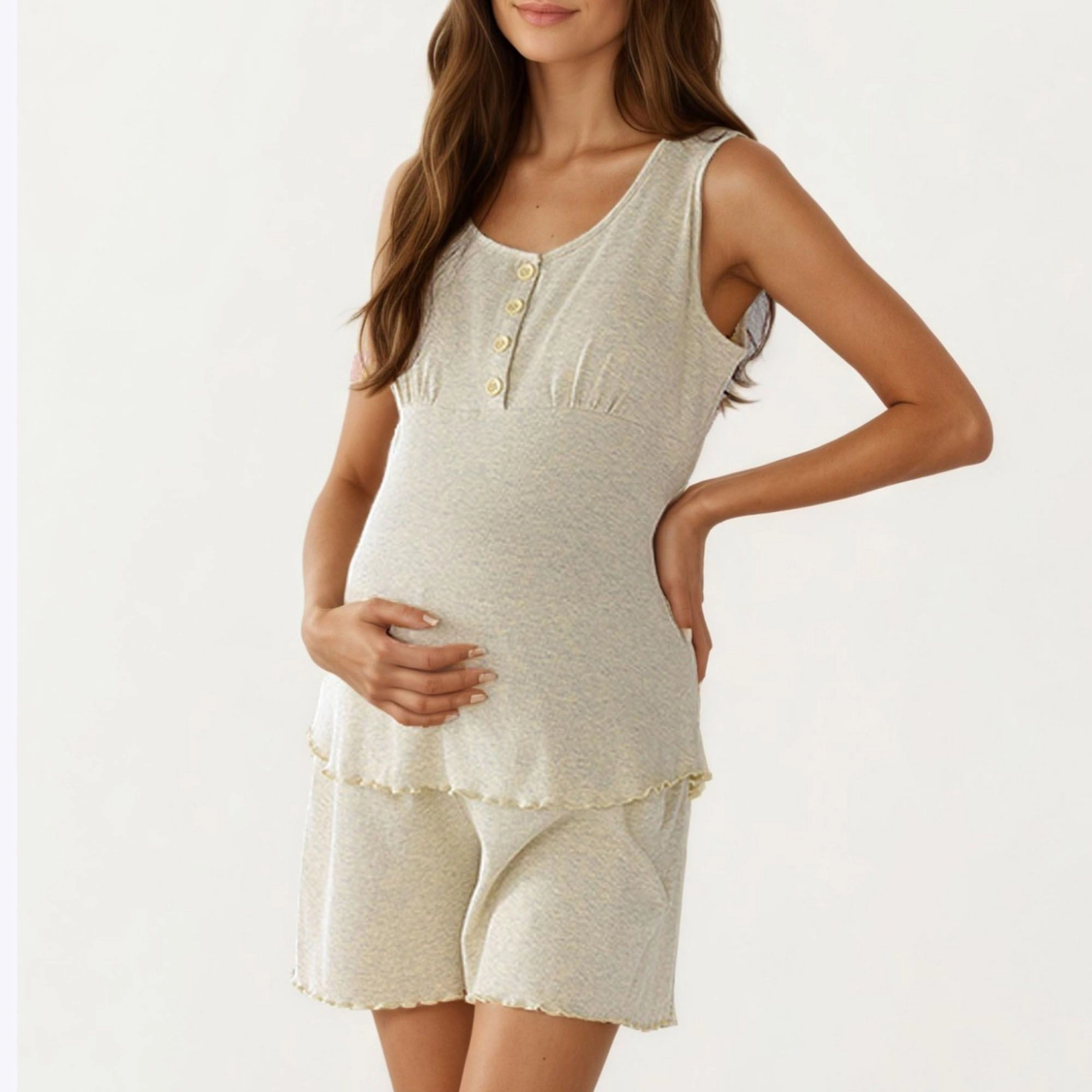 Anna-Kaci Women's Maternity 2-Piece Sleeveless Henley Pajama Top with Relaxed Fit Shorts and Soft Textured Fabric