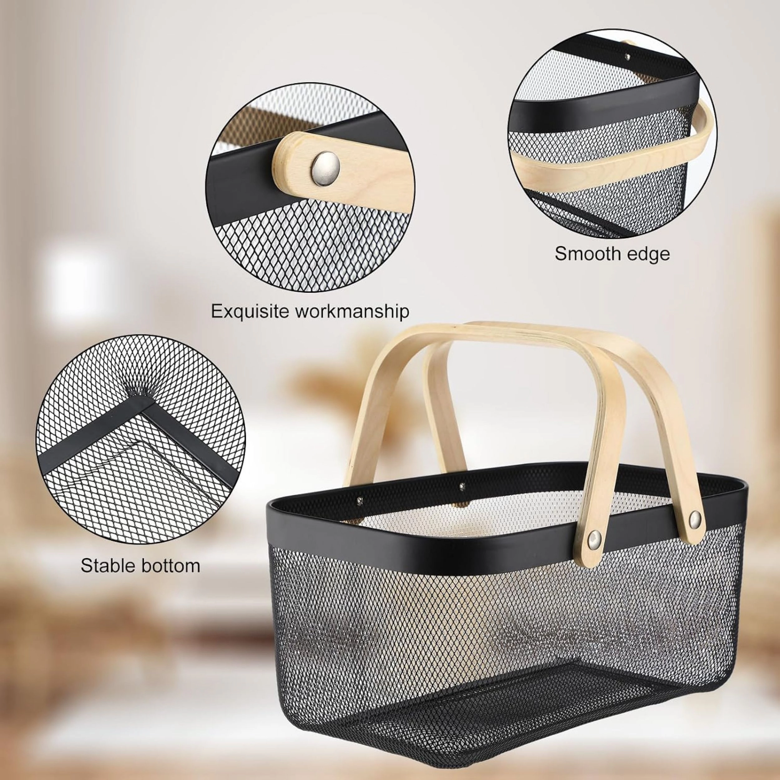 Stock Preferred Pack of 4 Black Metal Wire Storage Baskets with Handles