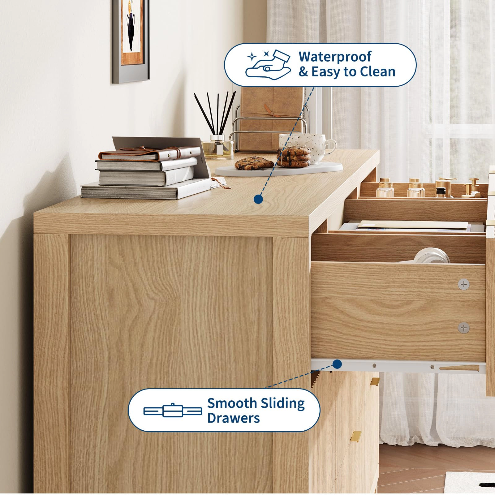 58.5" Wide Fluted 9 Drawer Dresser, Mid-Century Wood Storage Chest for Bedroom