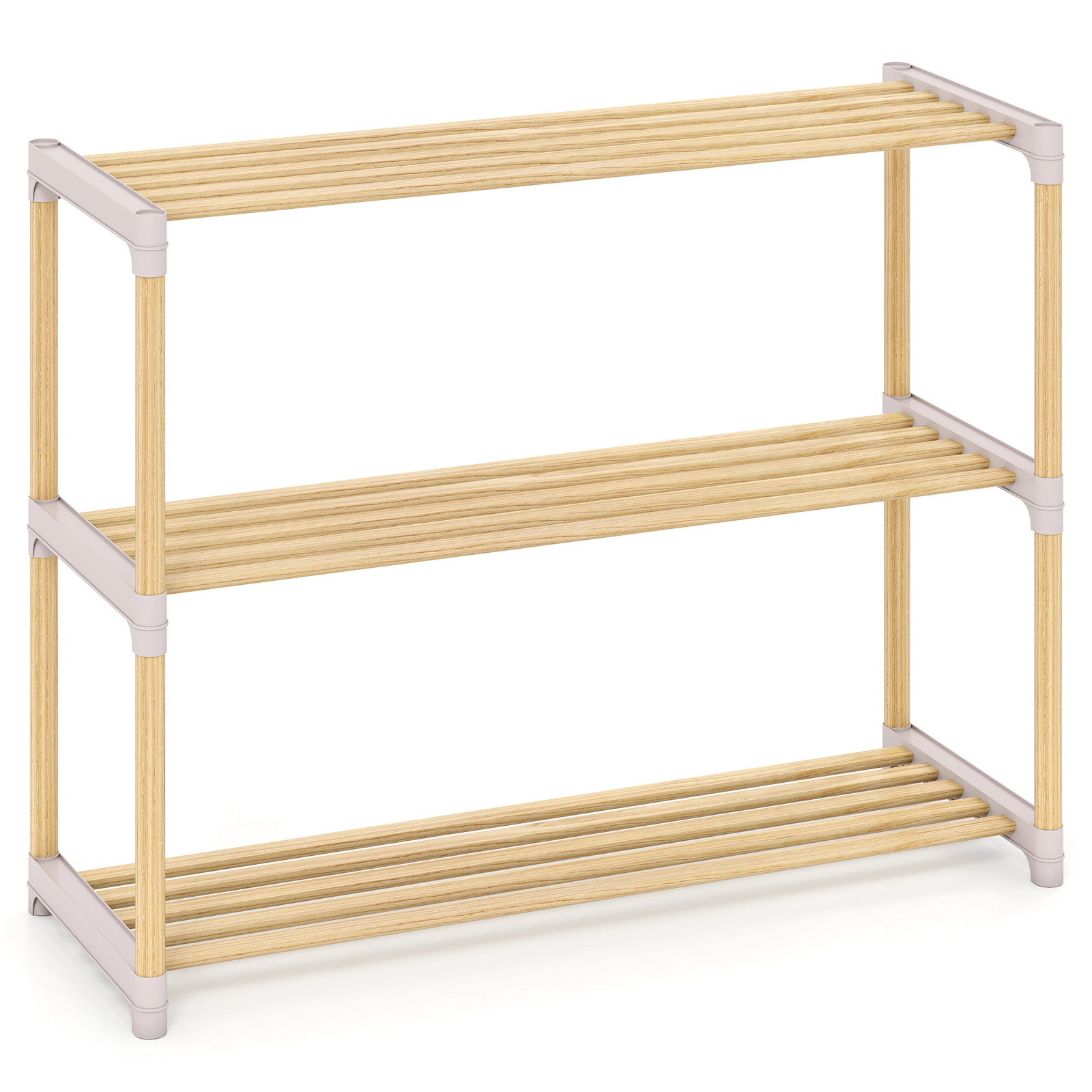 SUGIFT 3-Tier Natural Solid Wood Free Standing Slatted Shoe Rack Organizer for Entryway and Closet