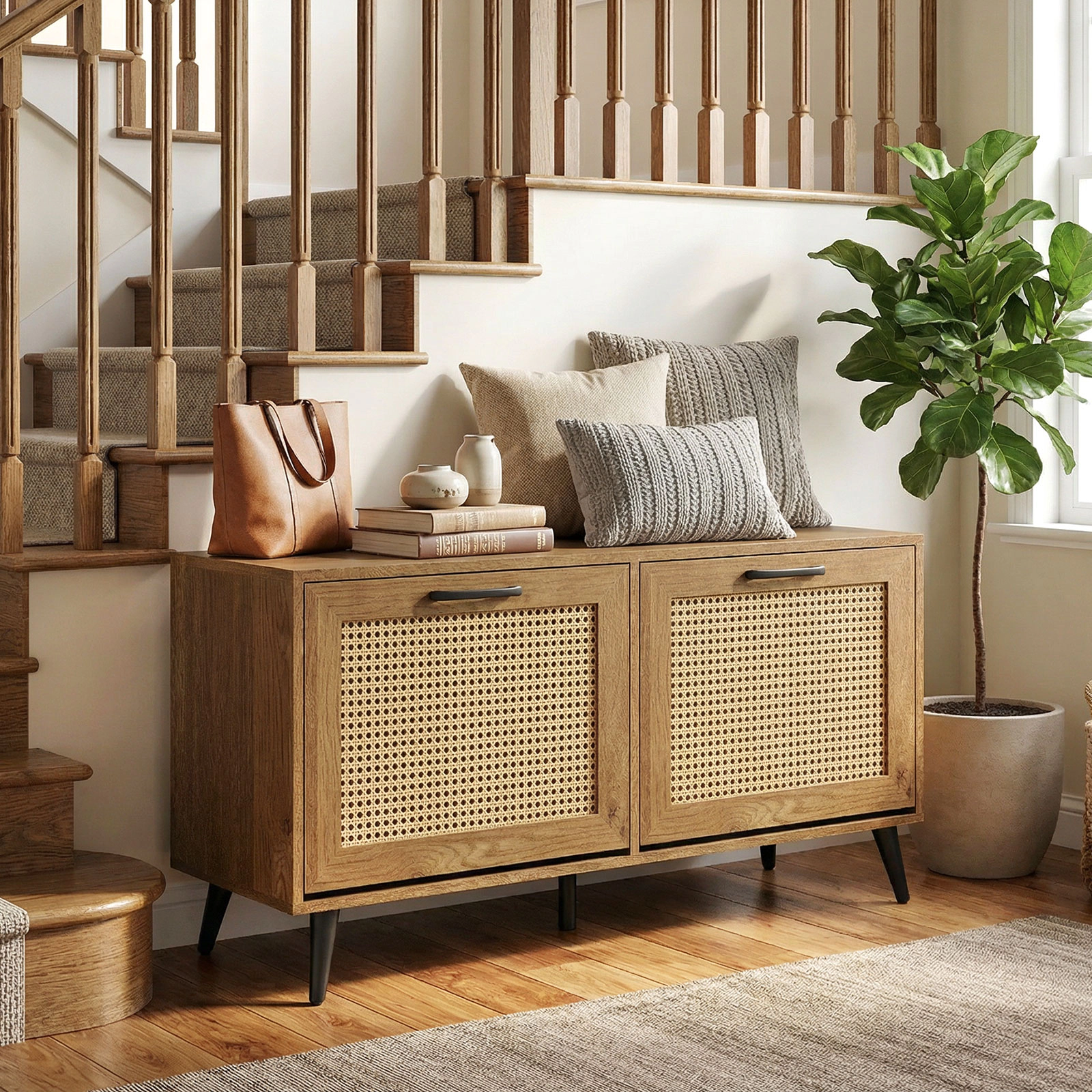 SUGIFT Freestanding Shoe Cabinet with 2 Flip Drawers and Adjustable Shelves 110-lb Top Capacity 33-lb Shelves Natural