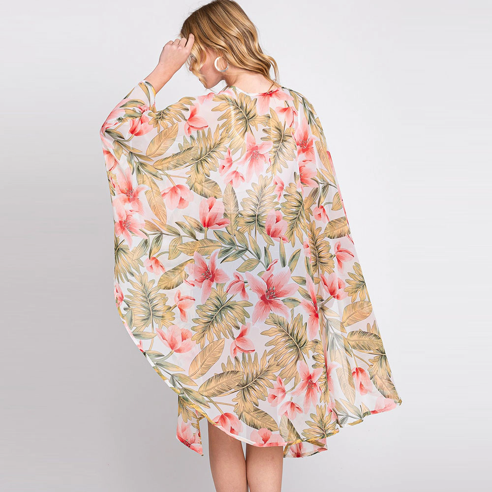 TRUEDAMES Women Tropical Leaves Print Shawl Cover-Up Kimono Poncho