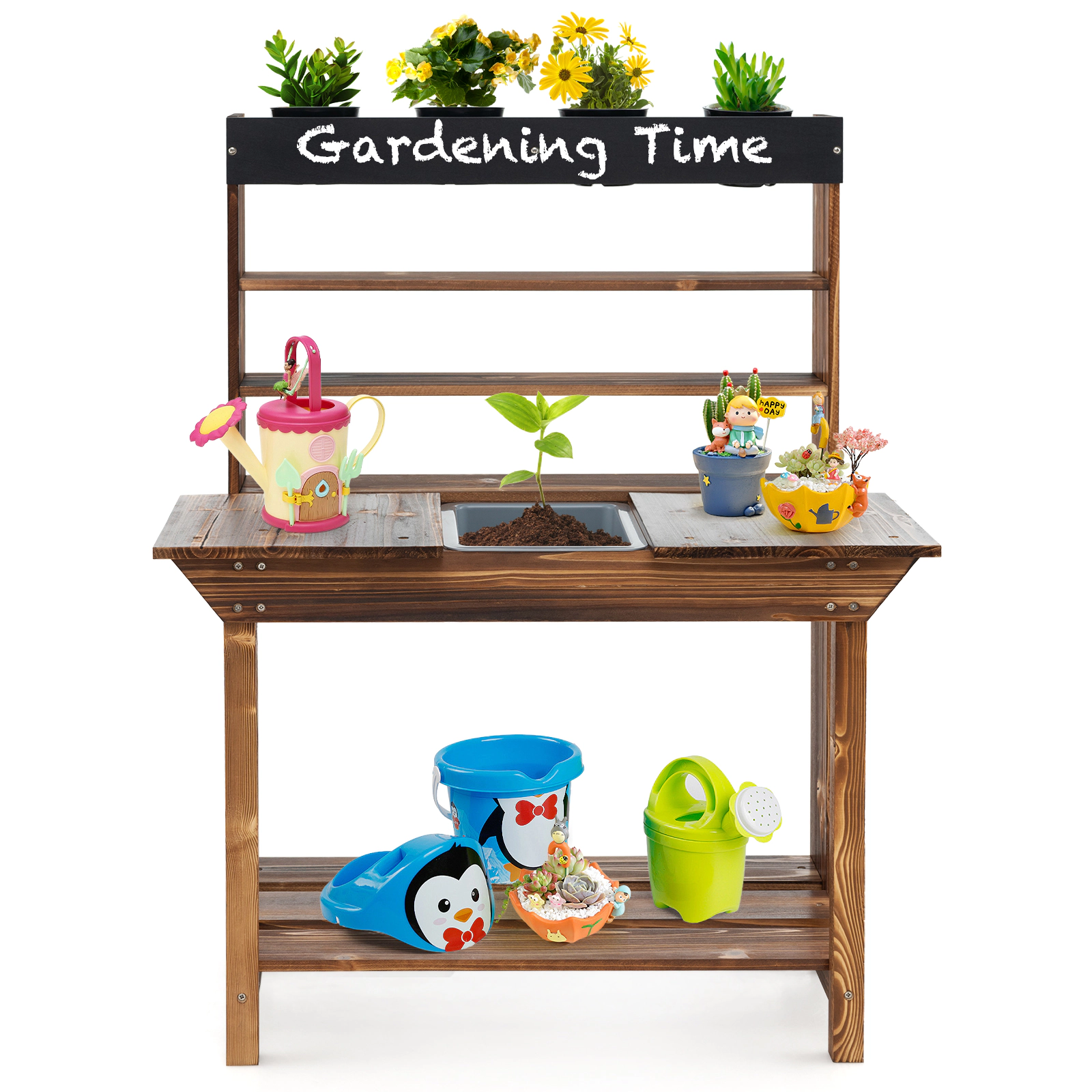 LJG Kids Wooden Potting Bench Table Outdoor Mud Kitchen with Solid Fir Wood Frame