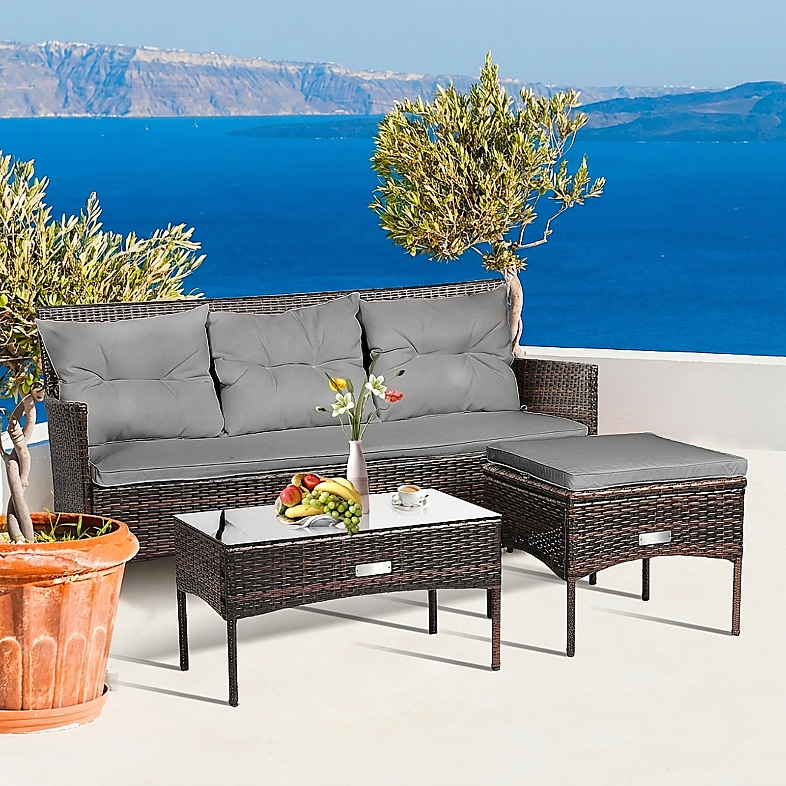 SUGIFT 3-Piece Gray Rattan Patio Sofa Set with Ottoman, Glass Table and 5 Cushions