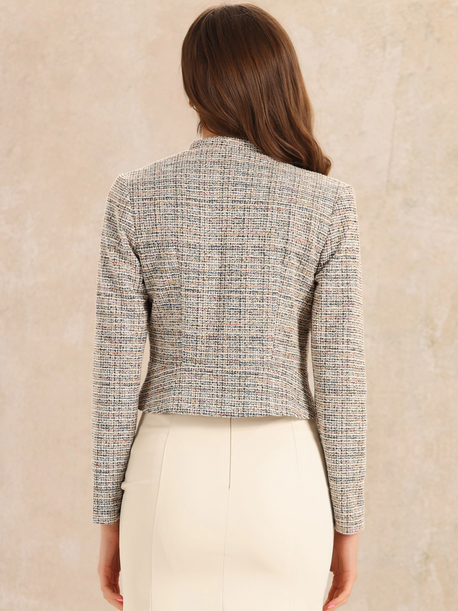INSPIRE CHIC Women's Tweed Stand Collar Business Open Front Cropped Jacket