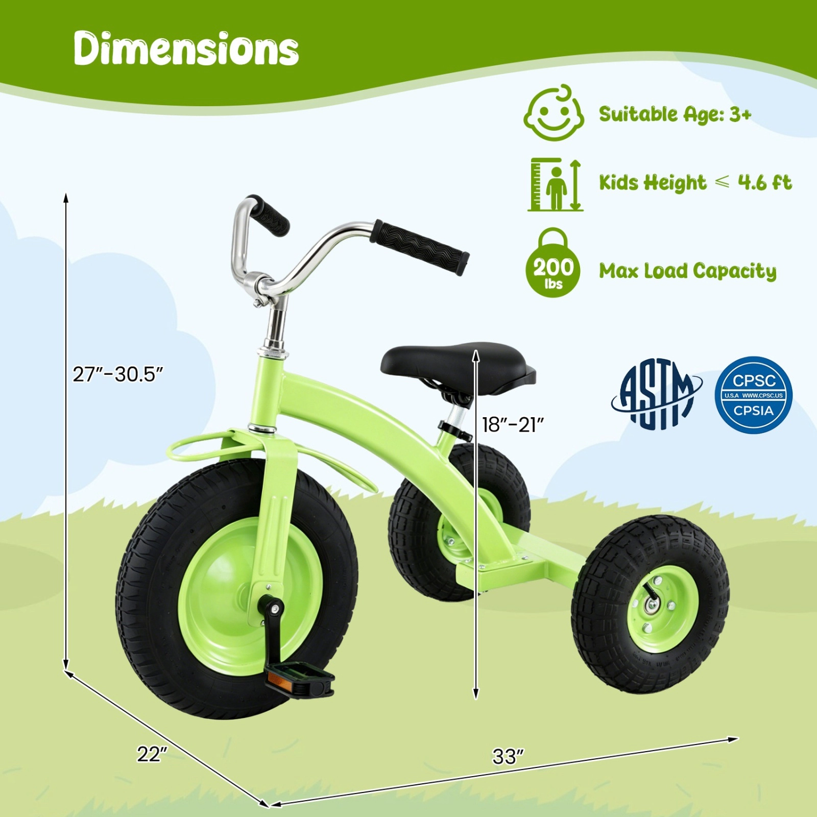 Kids Tricycle 15-in Inflatable Front Tire Carbon Steel Frame Adjustable Handlebar and Padded PU Seat Ages 3+ Green